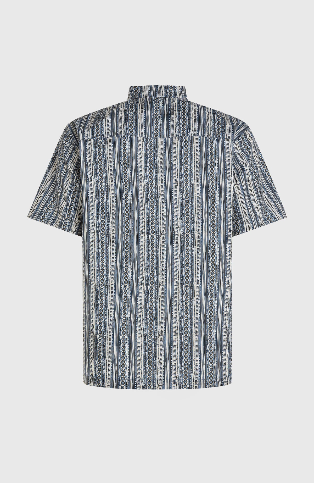 Print-Shirt für Herren, blau mit Streifenmuster in Weiß, freigestellt von hinten