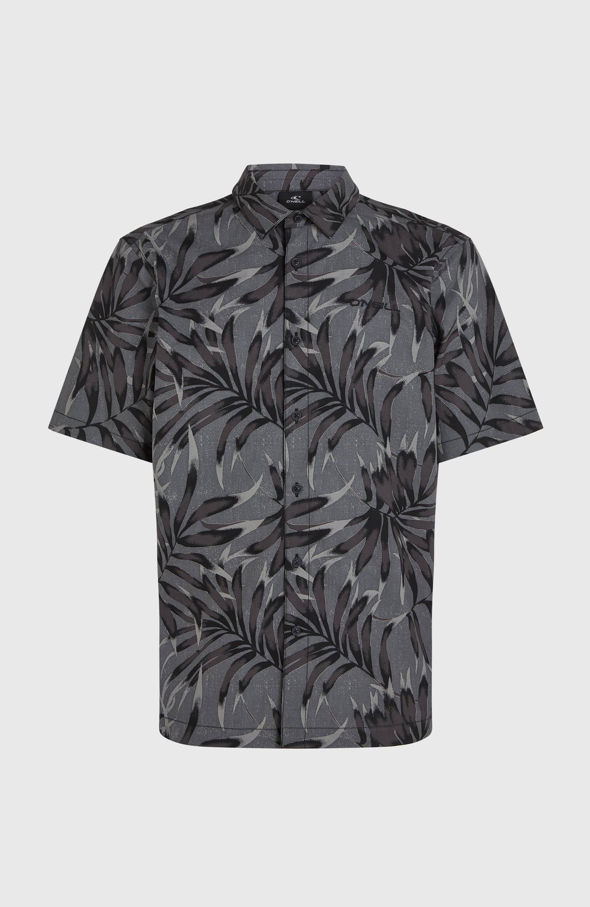 Print-Shirt für Herren, schwarz mit Blättermuster in Grau, freigestellt von vorne