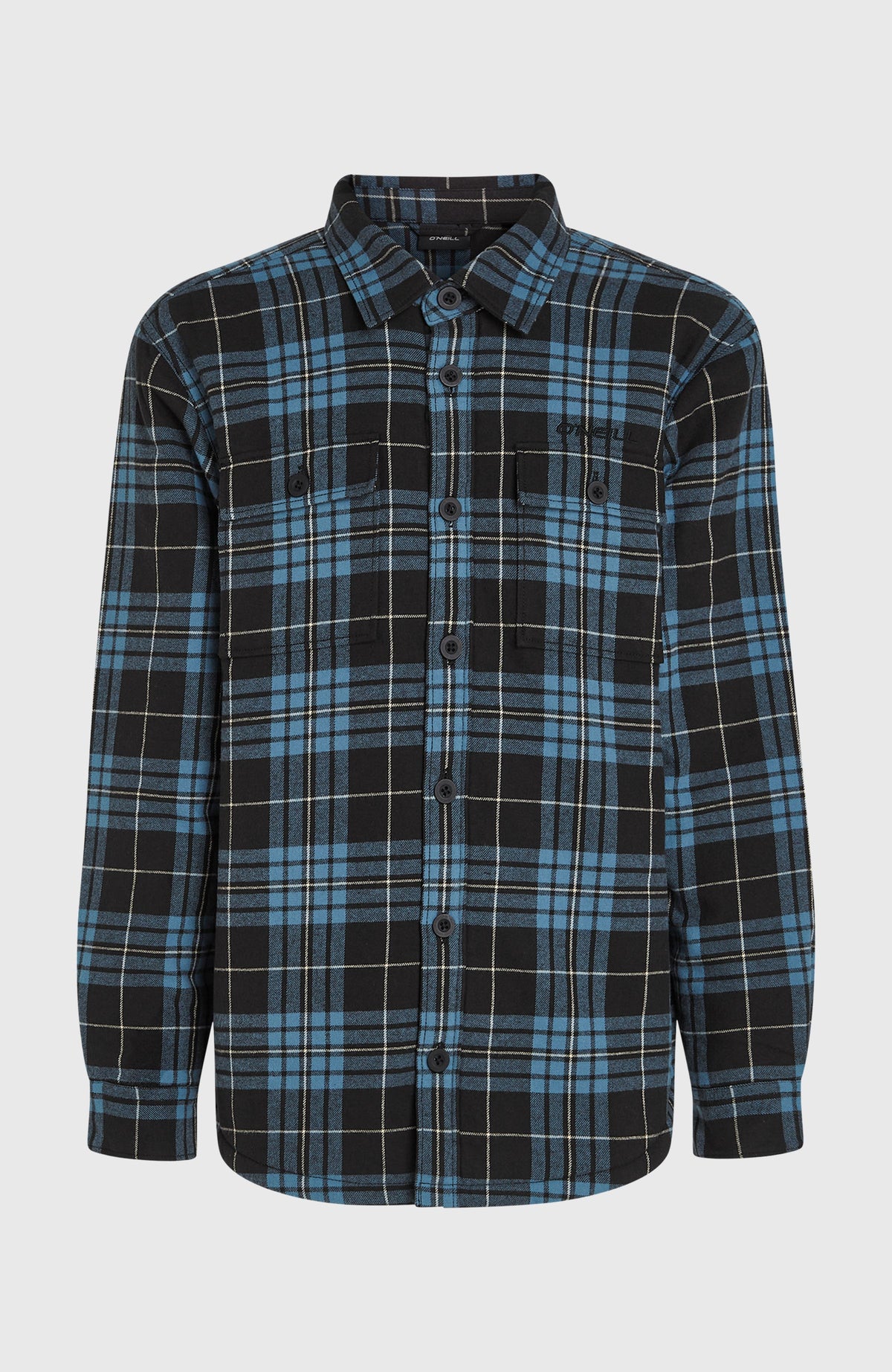 Must-Have Hemd mit Fleecefutter für Herren, blau mit Karomuster in Schwarz, flach liegend von vorne mit Knopfleiste