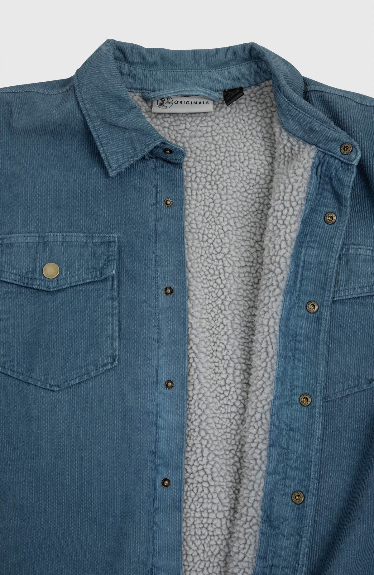 O'Riginals Cord-Overshirt für Herren, blau, Nahaufnahme der offenen Knopfleiste und des Innenfutters