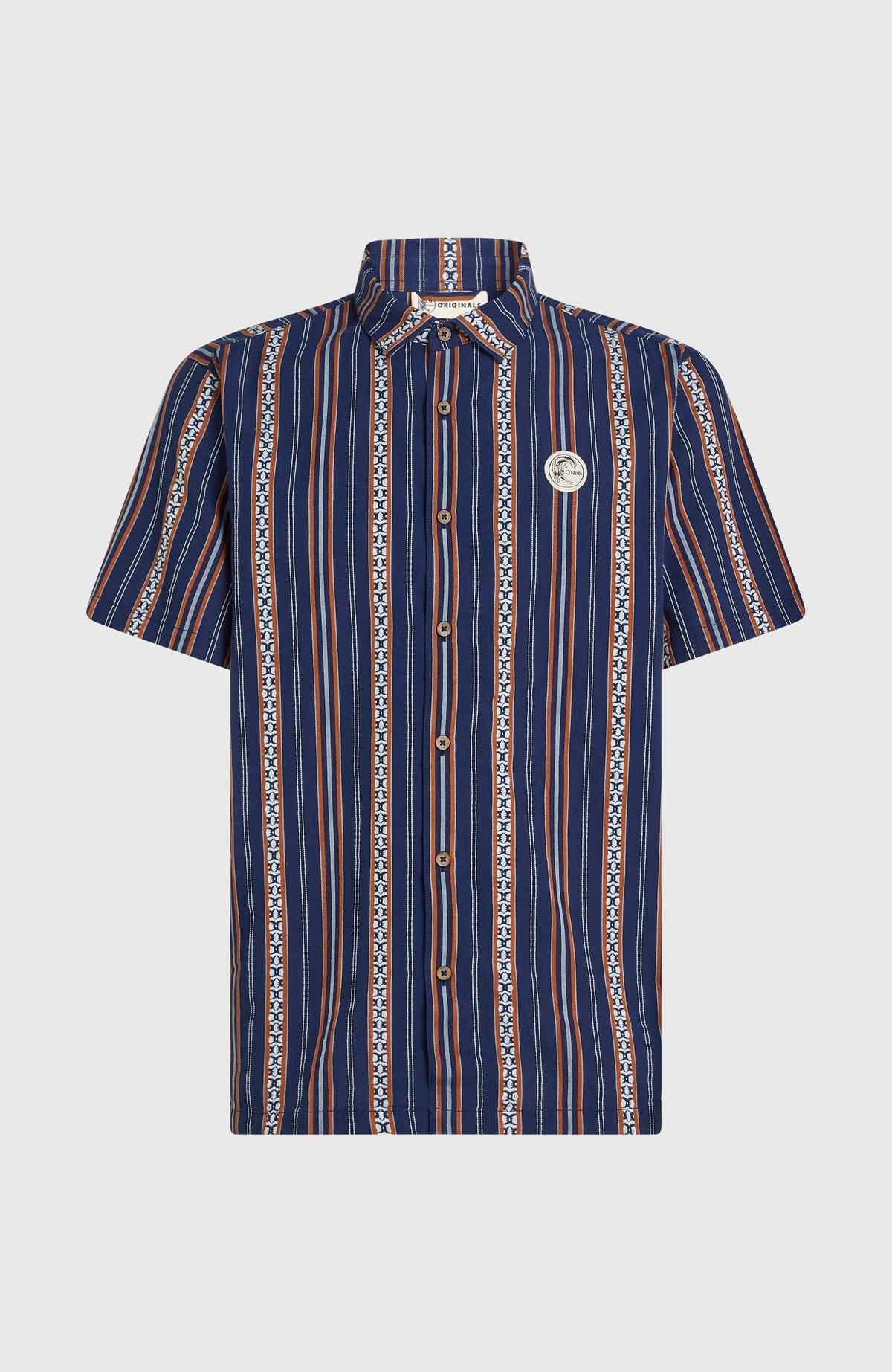 O'Riginals Jacquard-Hemd für Herren, blau mit Streifenmuster in Orange und Weiß, flach liegend von vorne