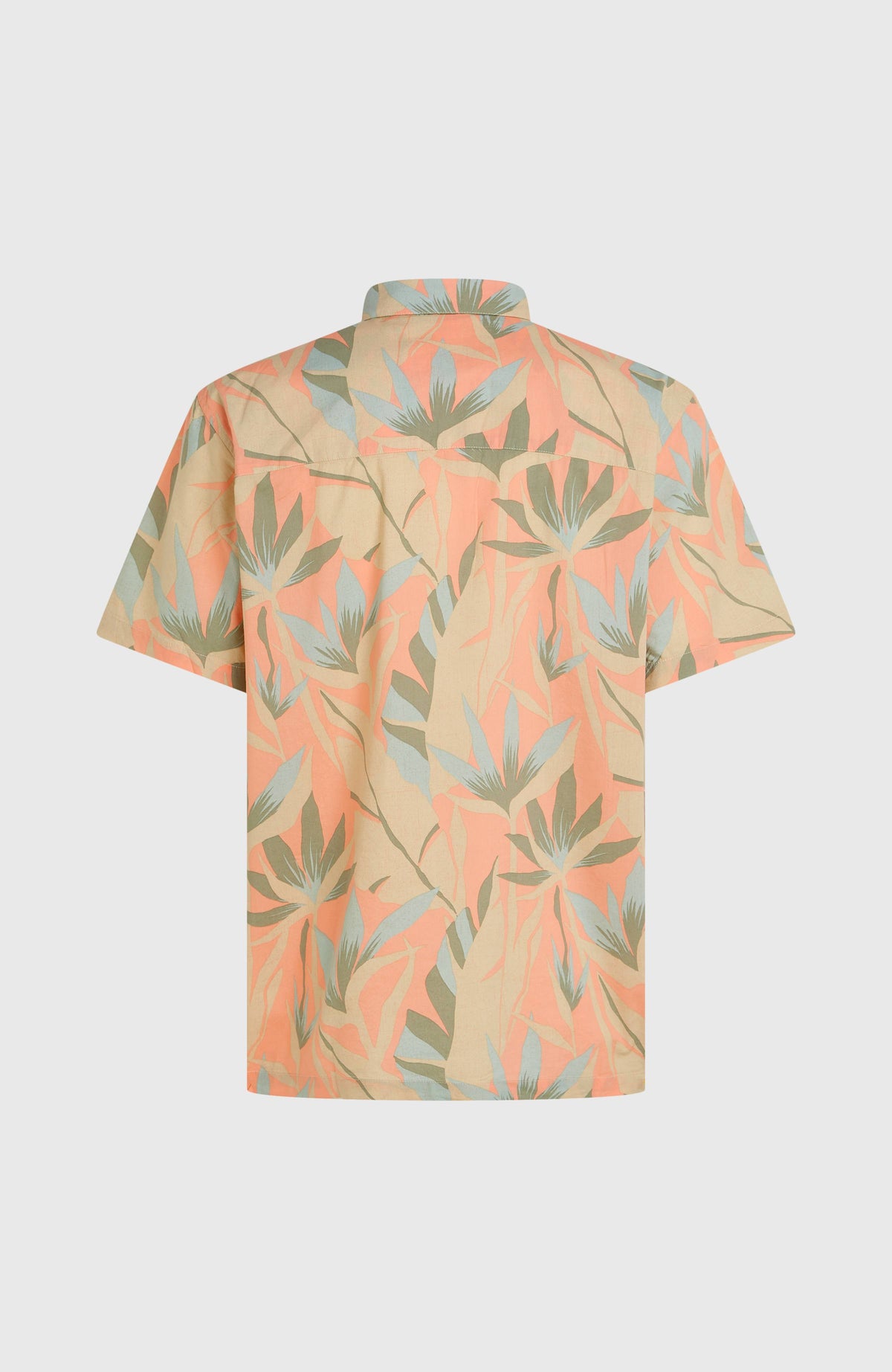 Print Shirt Kurzarmhemd für Herren, orange mit Pflanzenmuster in Beige und Grün, freigestellt von hinten
