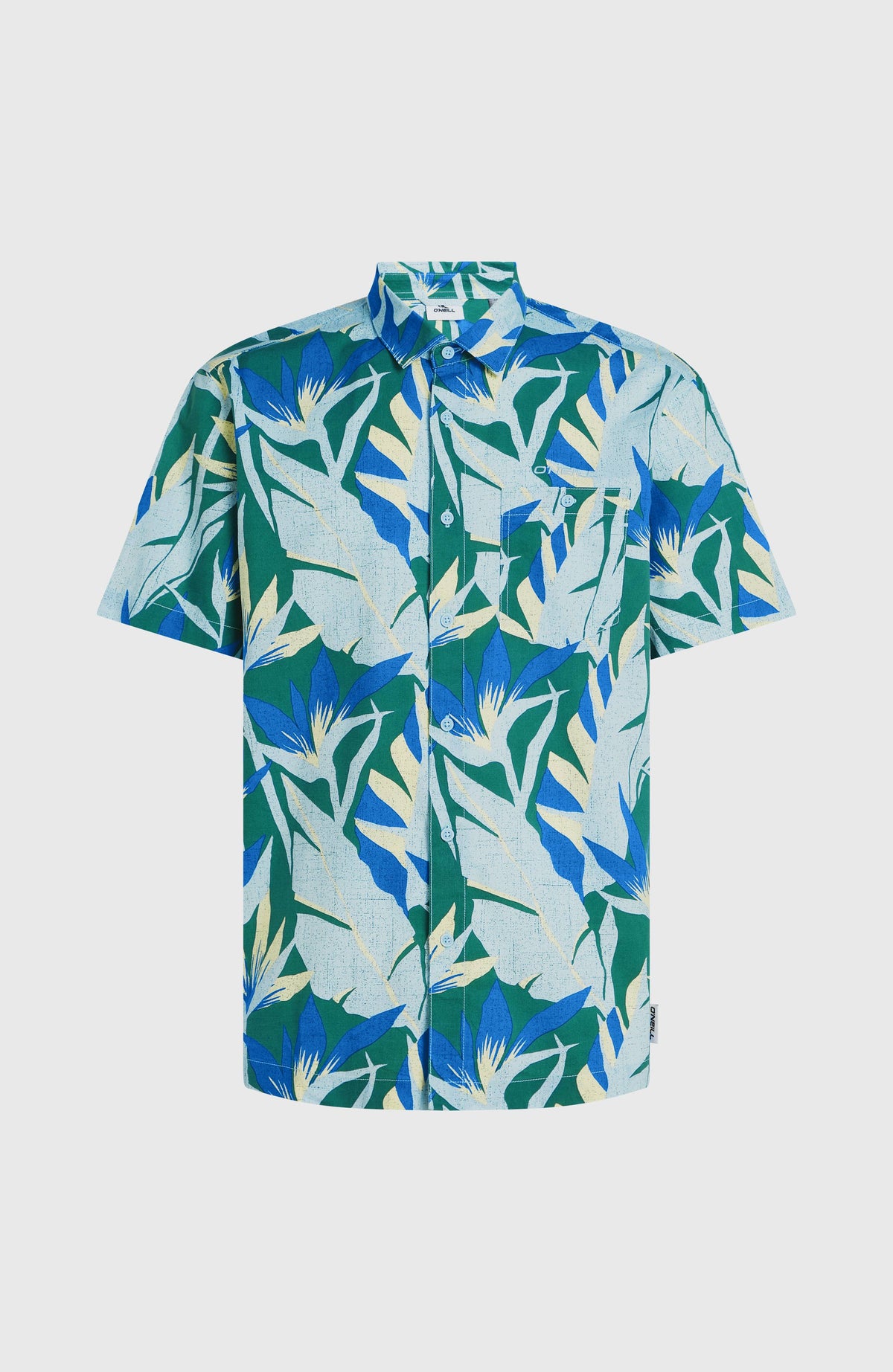 Print Shirt Kurzarmhemd für Herren, blau mit Tropenmuster in Grün und Gelb, flach liegend von vorne mit Brusttasche