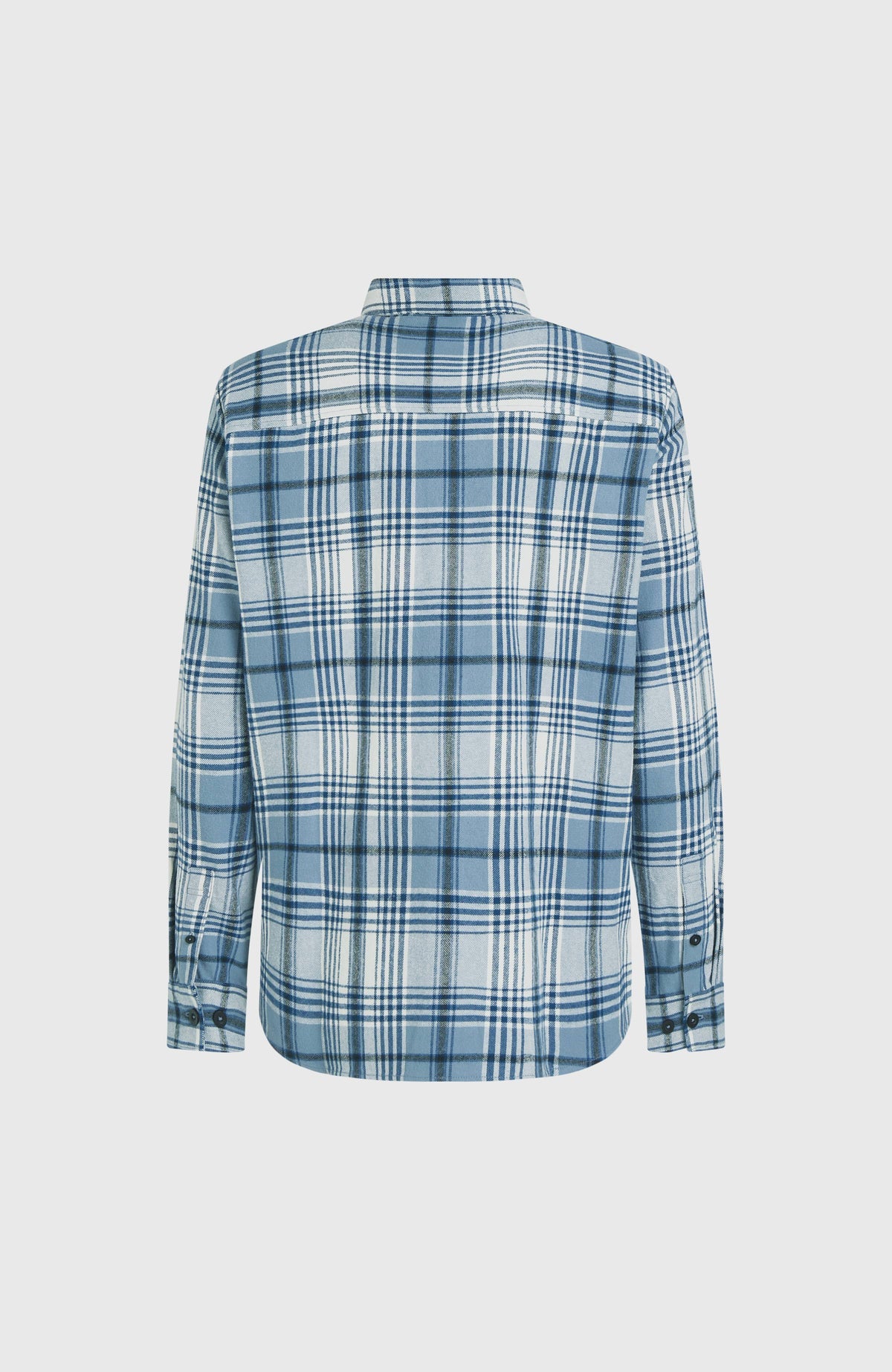 Must-Have Flanellhemd für Herren, blau mit Karomuster in Weiß, freigestellt von hinten