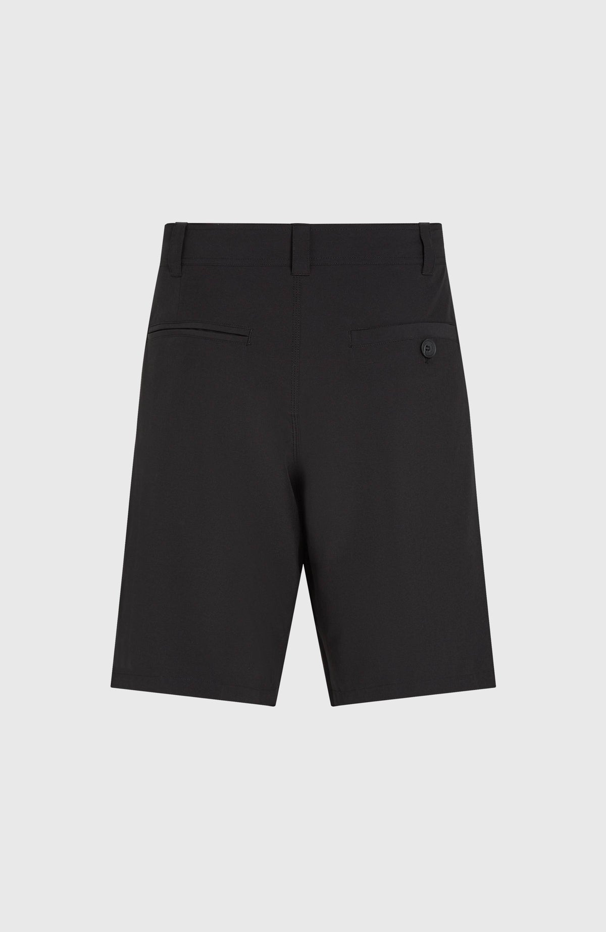 Hybrid 19" Chino-Shorts für Herren, schwarz, flach liegend von hinten mit zwei hinteren Paspeltaschen