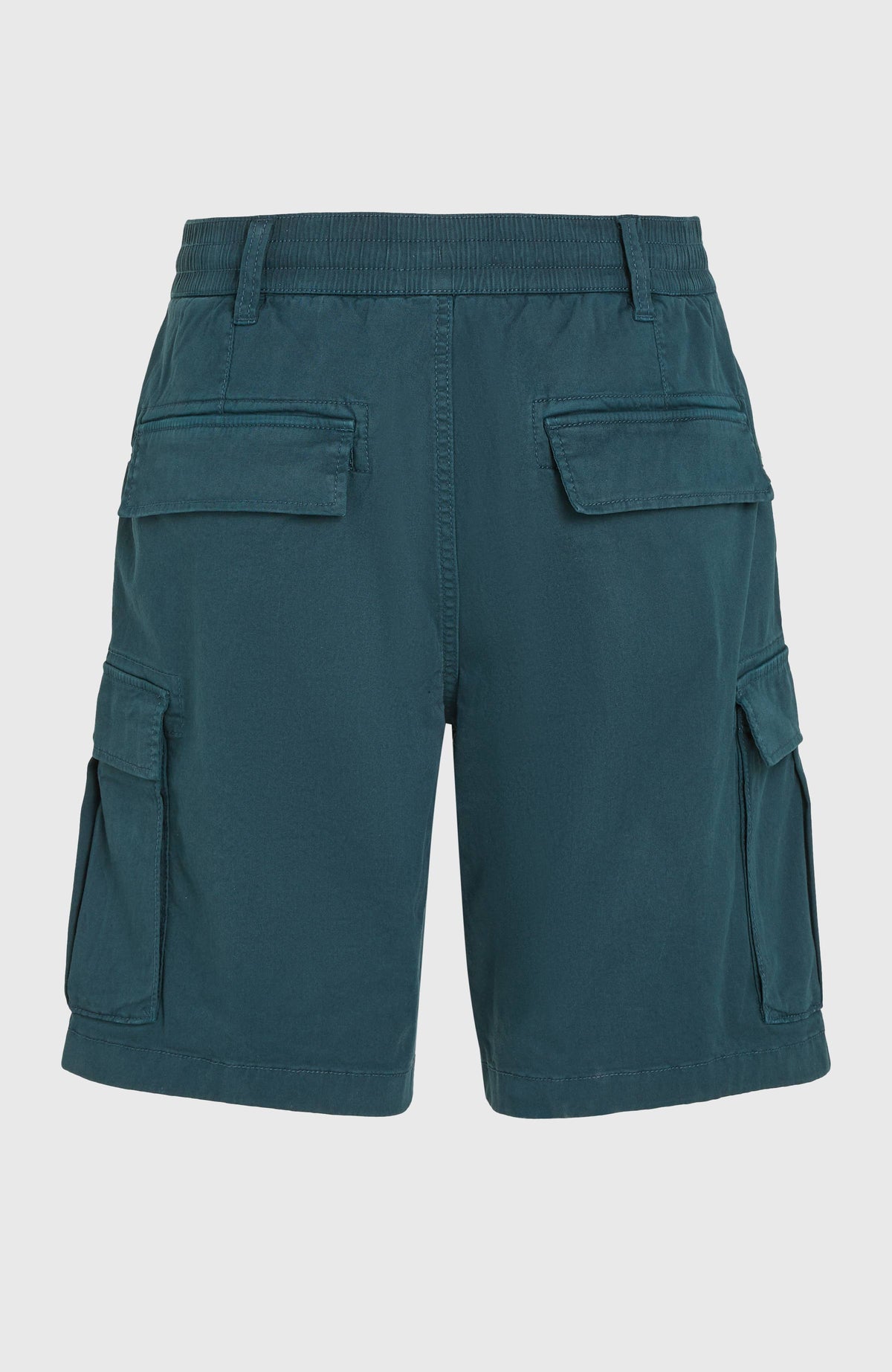 Essentials Cargo-Shorts für Herren, blau, freigestellt von hinten, mit elastischem Bund und Pattentaschen