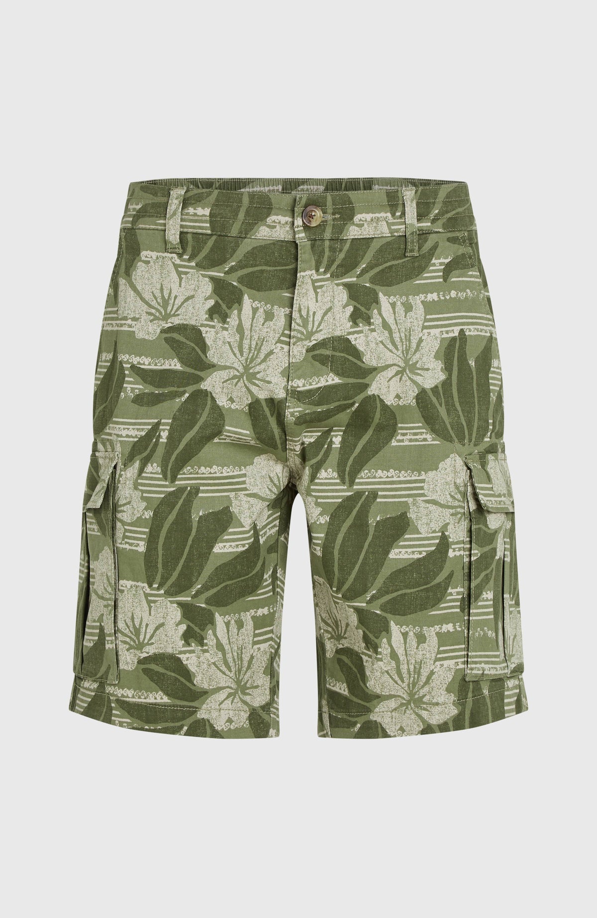 Essentials Cargo-Shorts für Herren, grün mit Blumenmuster in Beige, flach liegend von vorne mit Hosenknopf