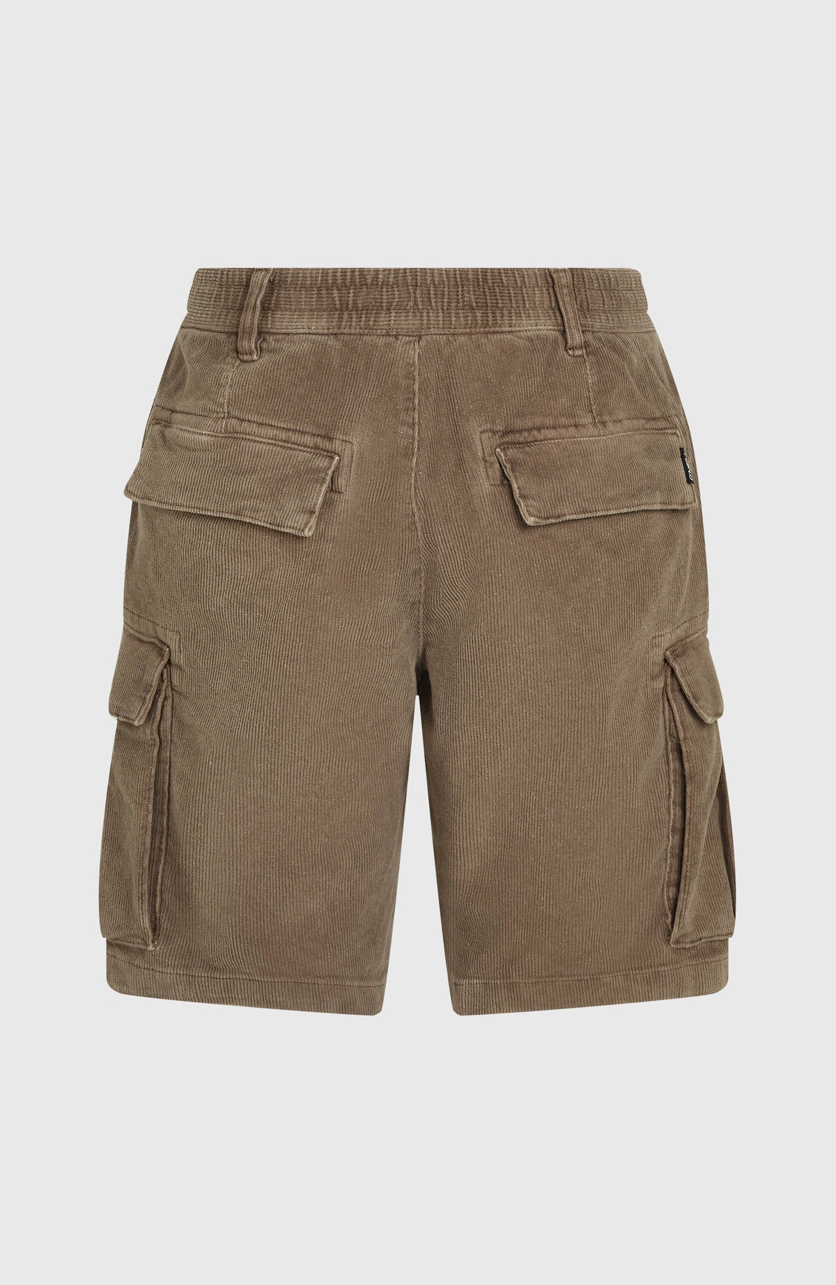 Braune O'Riginals Cord-Cargo-Shorts für Herren, flach liegend von hinten mit Klappentaschen am Bund