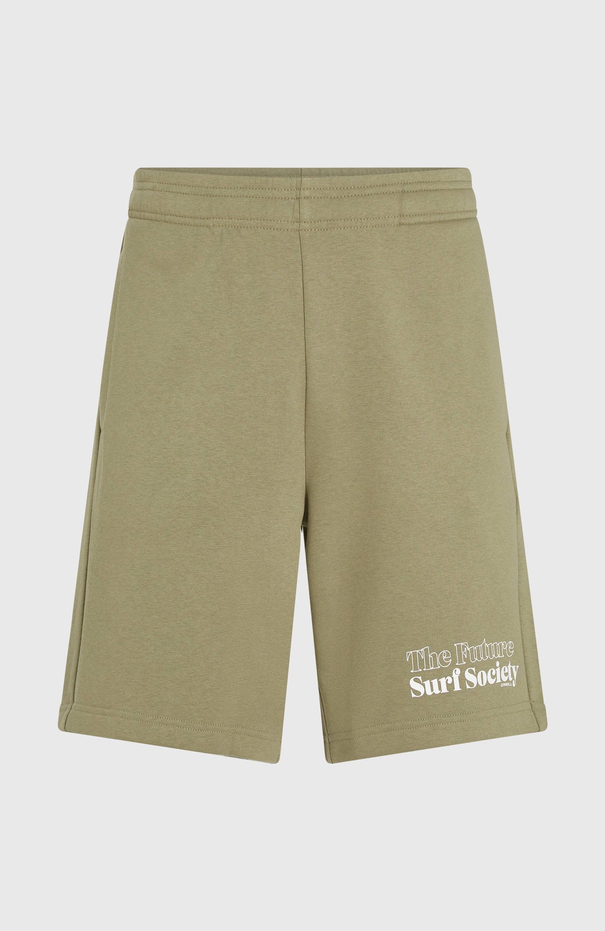 Future Surf Society Shorts für Herren, grün mit Logo-Print in Weiß, freigestellt von vorne