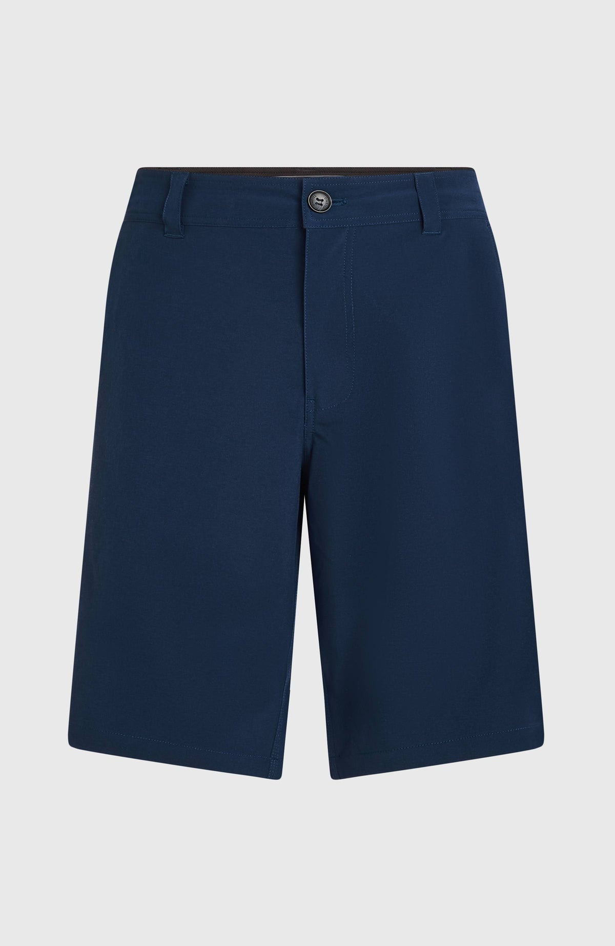 Blaue Hybrid 19" Shorts für Herren, flach liegend von vorne, Bund mit Gürtelschlaufen und Verschlussknopf
