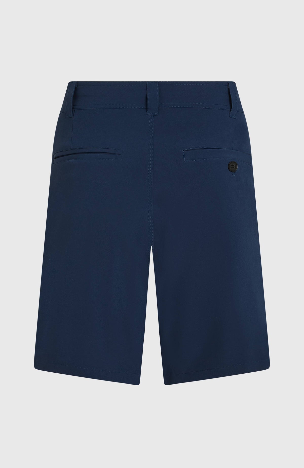 Blaue Hybrid 19" Shorts für Herren, flach liegend von hinten, zwei paspelierte Gesäßtaschen mit Knopfverschluss