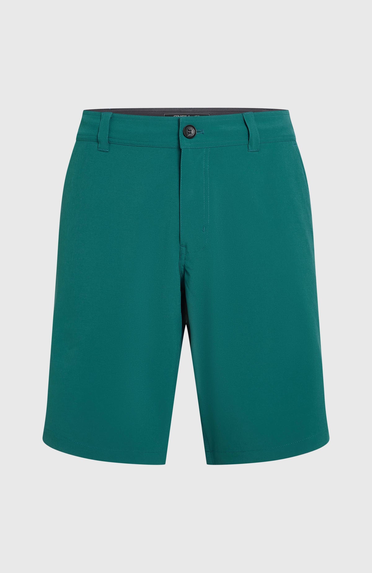 Hybrid 19" Shorts für Herren, grün, freigestellt von vorne mit Bund und Verschlussknopf