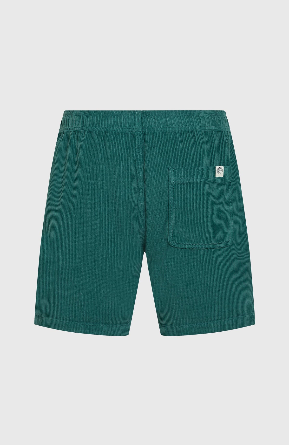 Grüne O'Riginals Cord-Shorts für Herren, flach liegend von hinten mit aufgesetzter Gesäßtasche