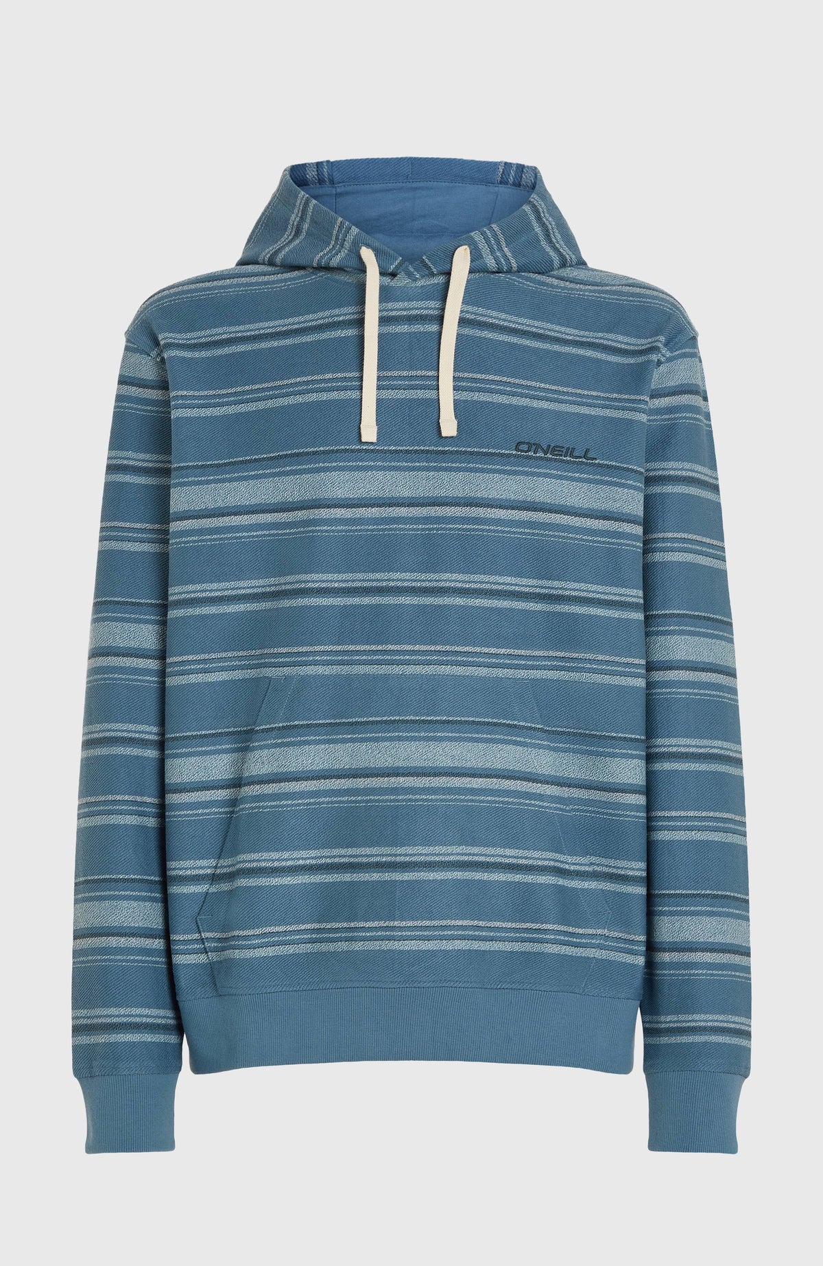Bavaro Hoodie für Herren, blau mit Streifenmuster in Hellblau, freigestellt von vorne mit Kängurutasche