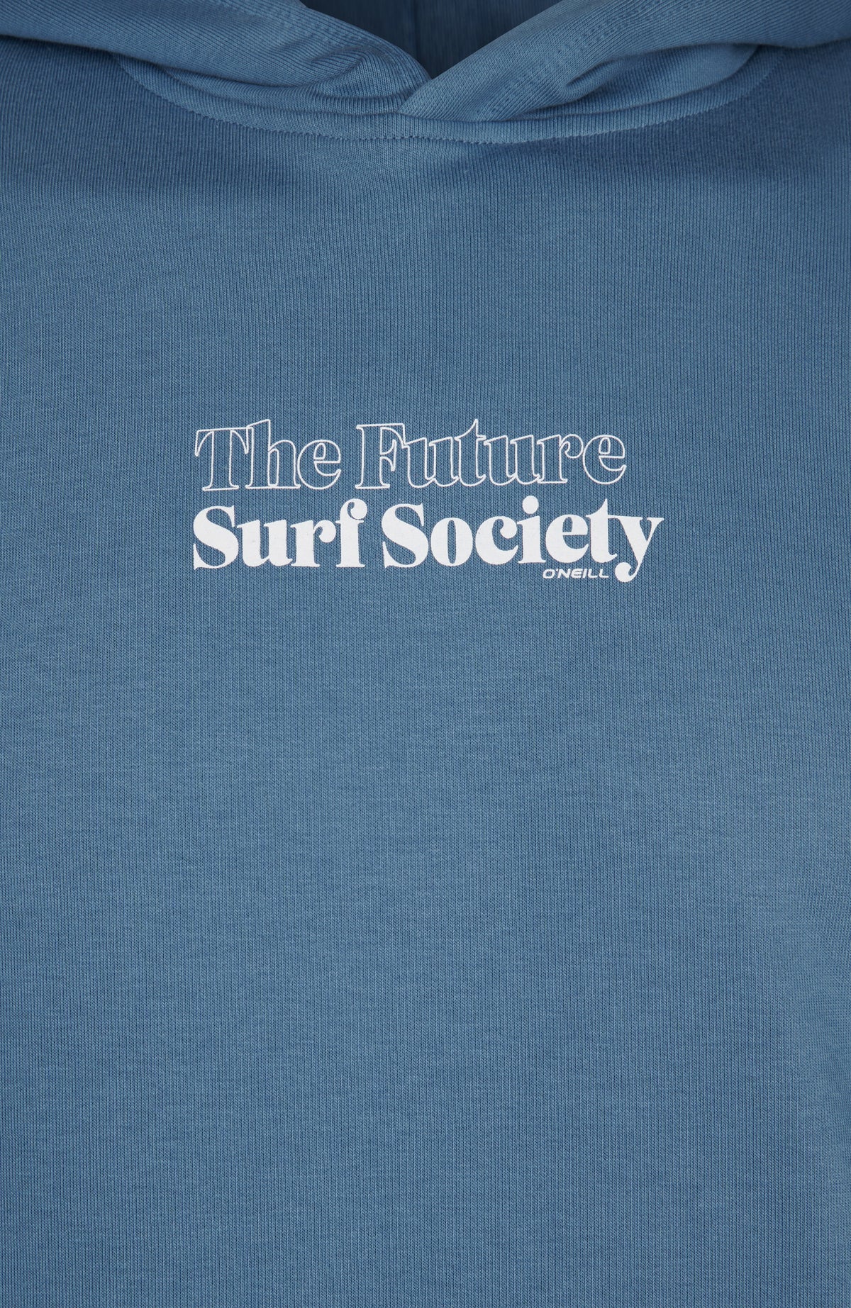 Nahaufnahme des weißen Logo-Prints auf der Brust des blauen Future Surf Society Hoodie für Herren