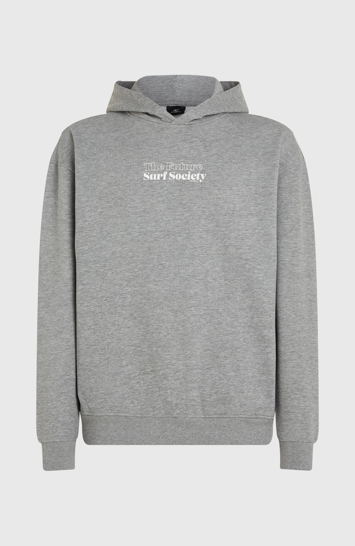 Future Surf Society Hoodie für Herren, grau mit Logo-Print in Weiß, freigestellt von vorne
