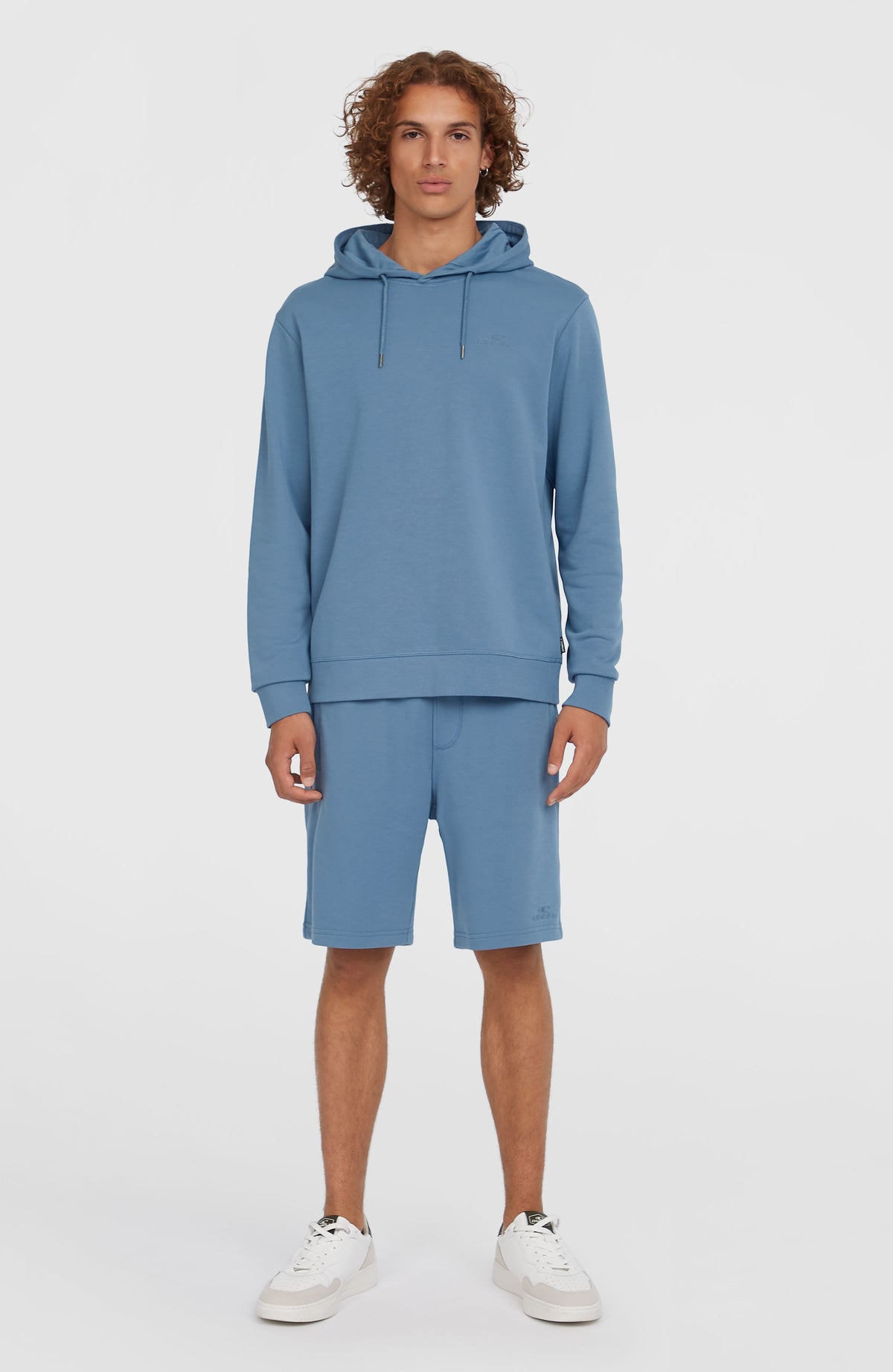 Small Logo Hoodie für Herren, blau, getragen am Model, Ganzkörperansicht von vorne