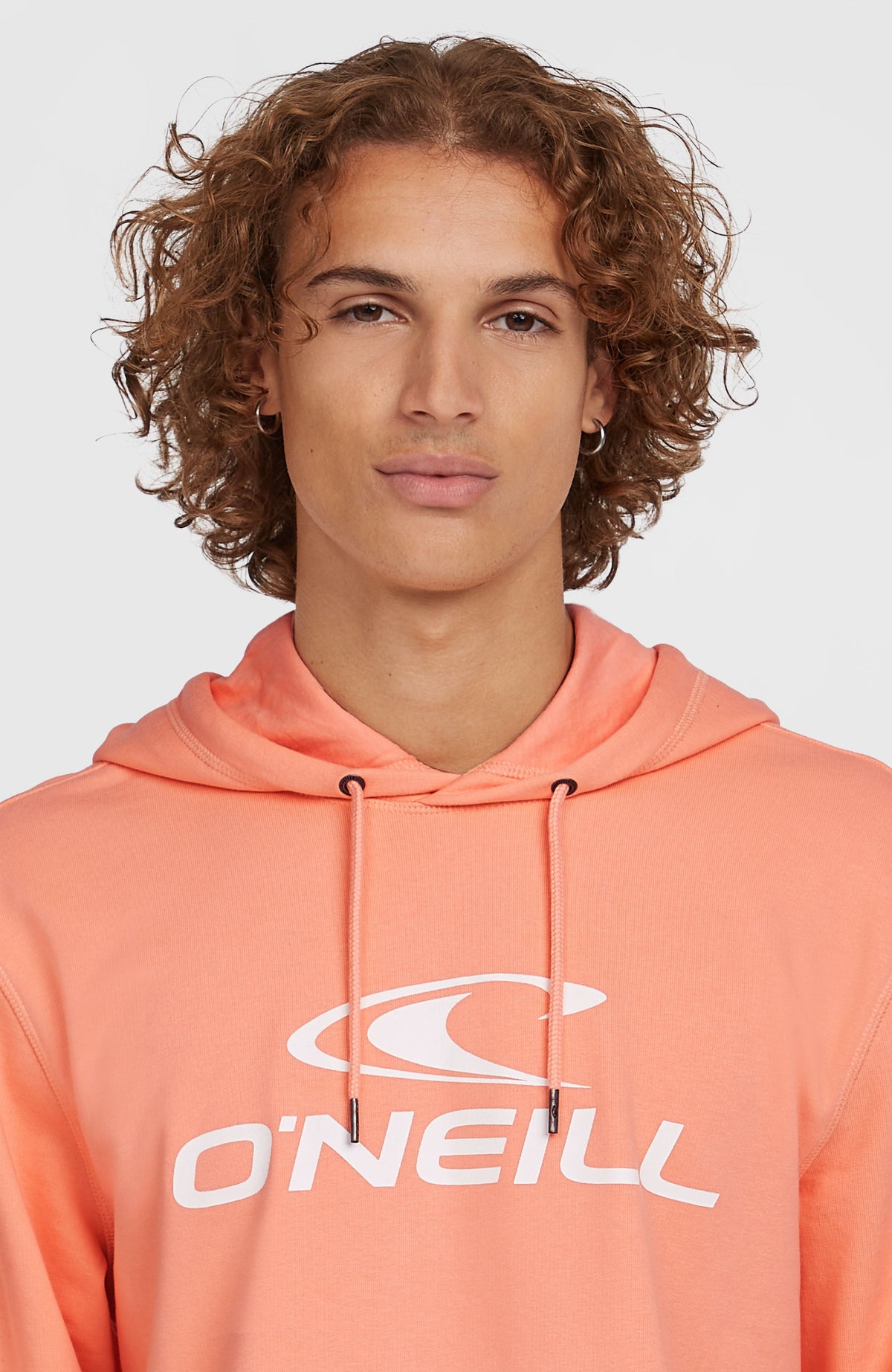 Logo Hoodie für Herren, pink mit Logo-Print in Weiß, Nahaufnahme von Kapuze, Kordelzug und Logo