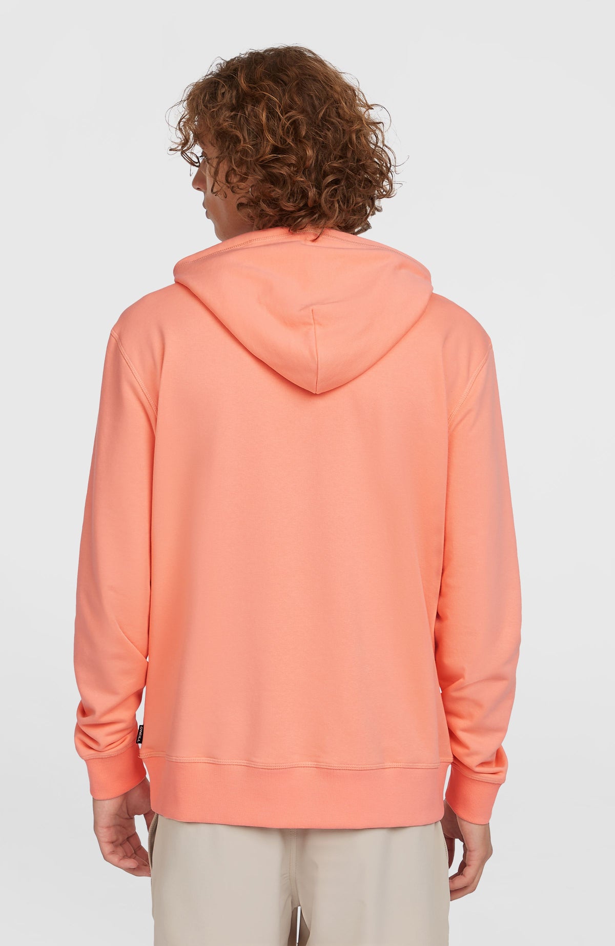 Logo Hoodie für Herren, pink, Rückansicht am Model mit Kapuze und geripptem Saumbund
