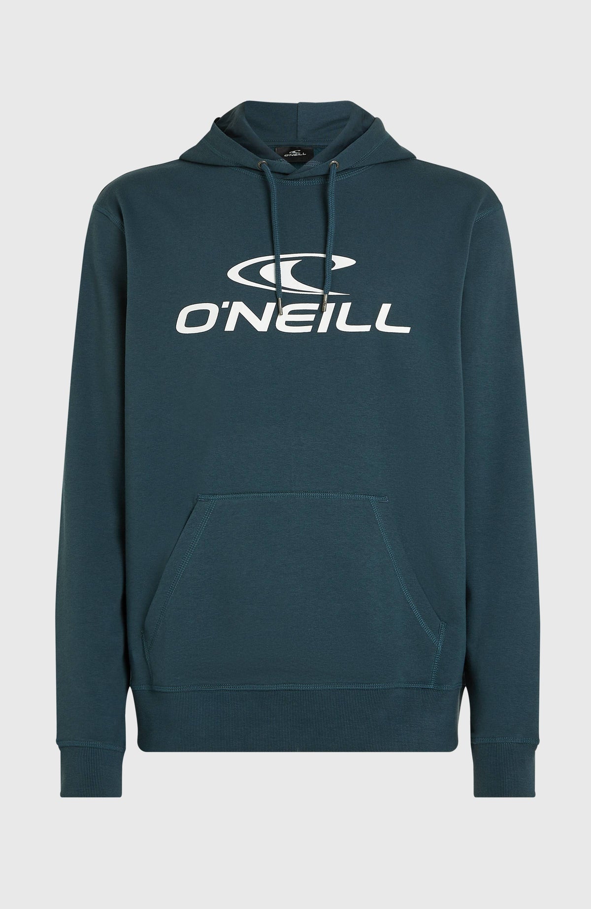 Logo Hoodie für Herren, blau mit Logo-Print in Weiß, freigestellt von vorne mit Kängurutasche und Kordelzug