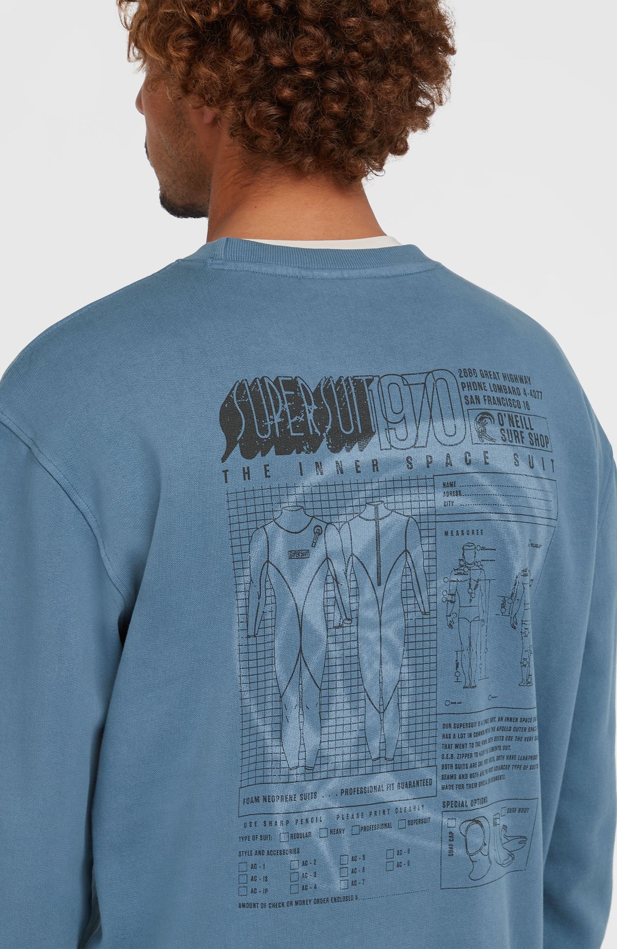 O'Riginals Crew Sweatshirt für Herren, blau, Nahaufnahme der Rückseite mit großem Grafik-Print