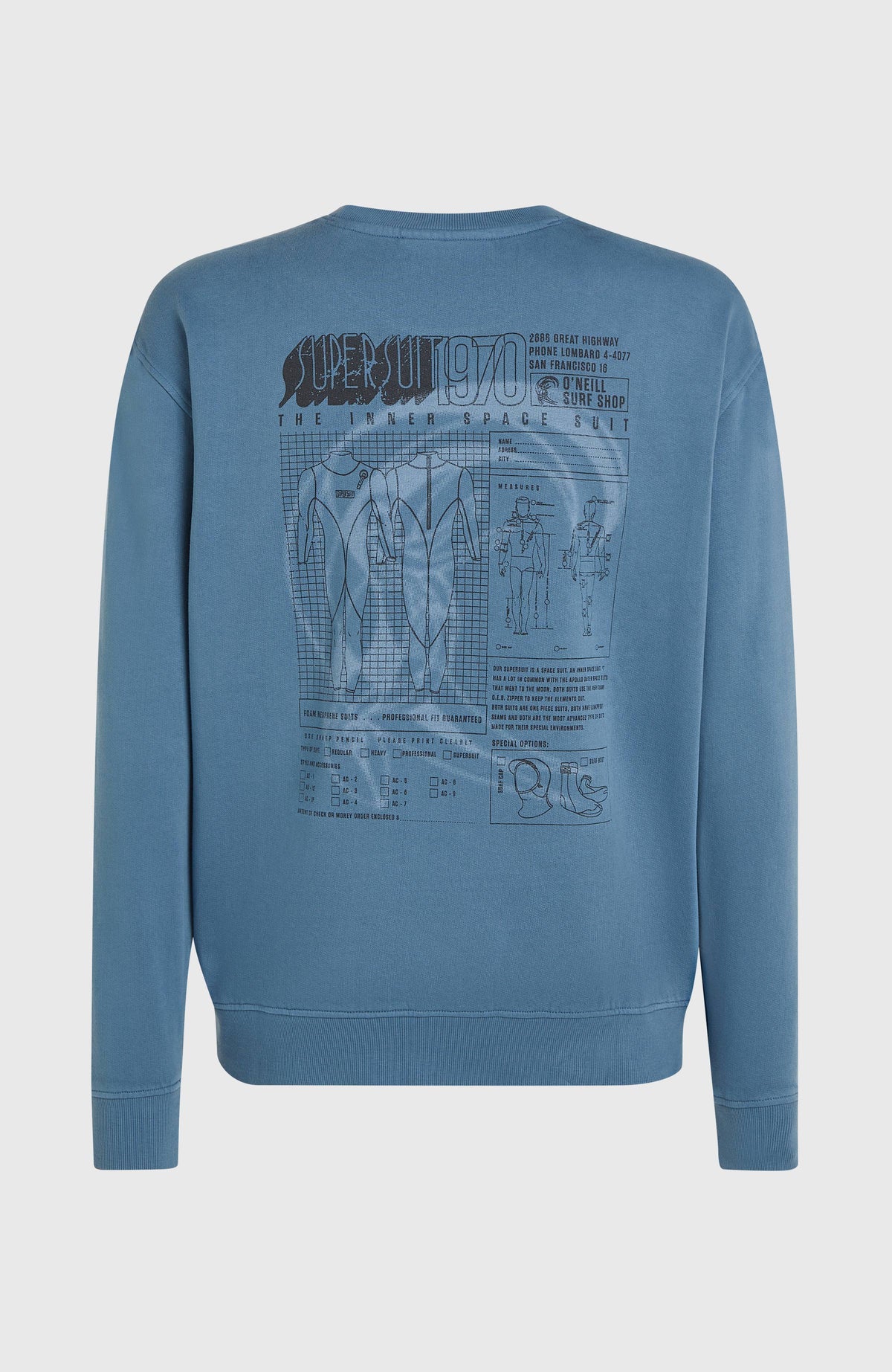 O'Riginals Crew Sweatshirt für Herren, blau, freigestellt von hinten mit großem Retro-Print