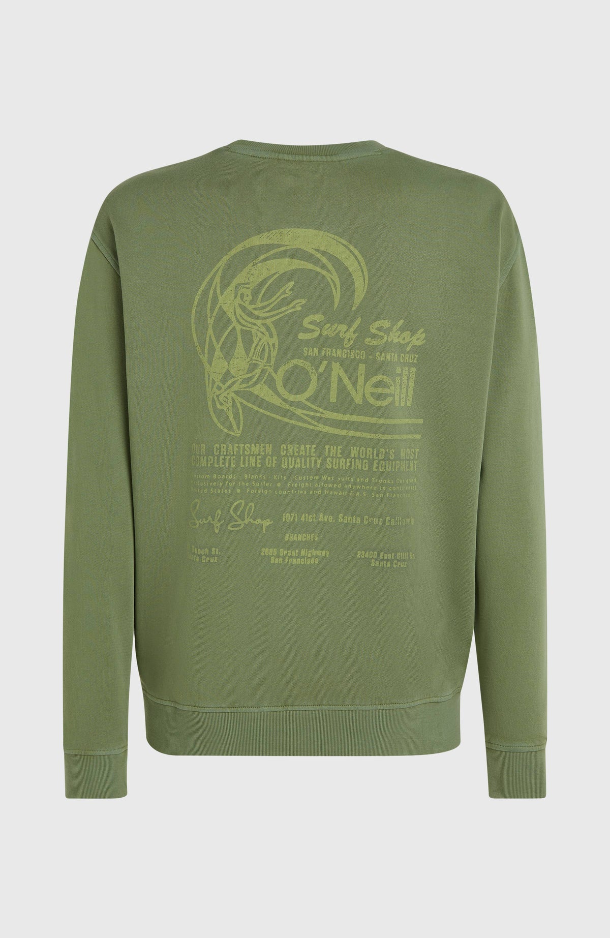 O'Riginals Crew Sweatshirt für Herren, grün, freigestellt von hinten mit großem Surf-Shop-Grafikprint