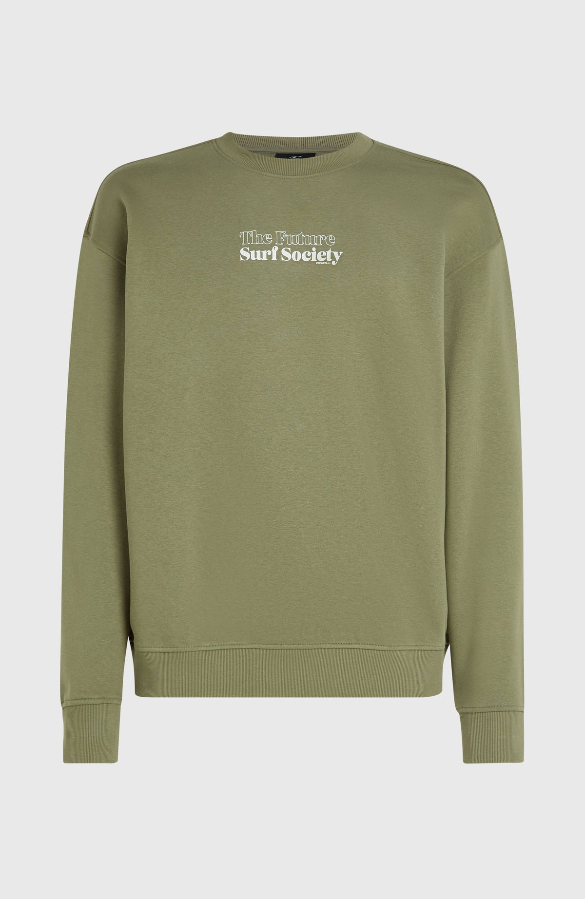 Grünes Future Surf Society Crew Sweatshirt für Herren mit Logo-Print in Weiß, freigestellt in der Vorderansicht