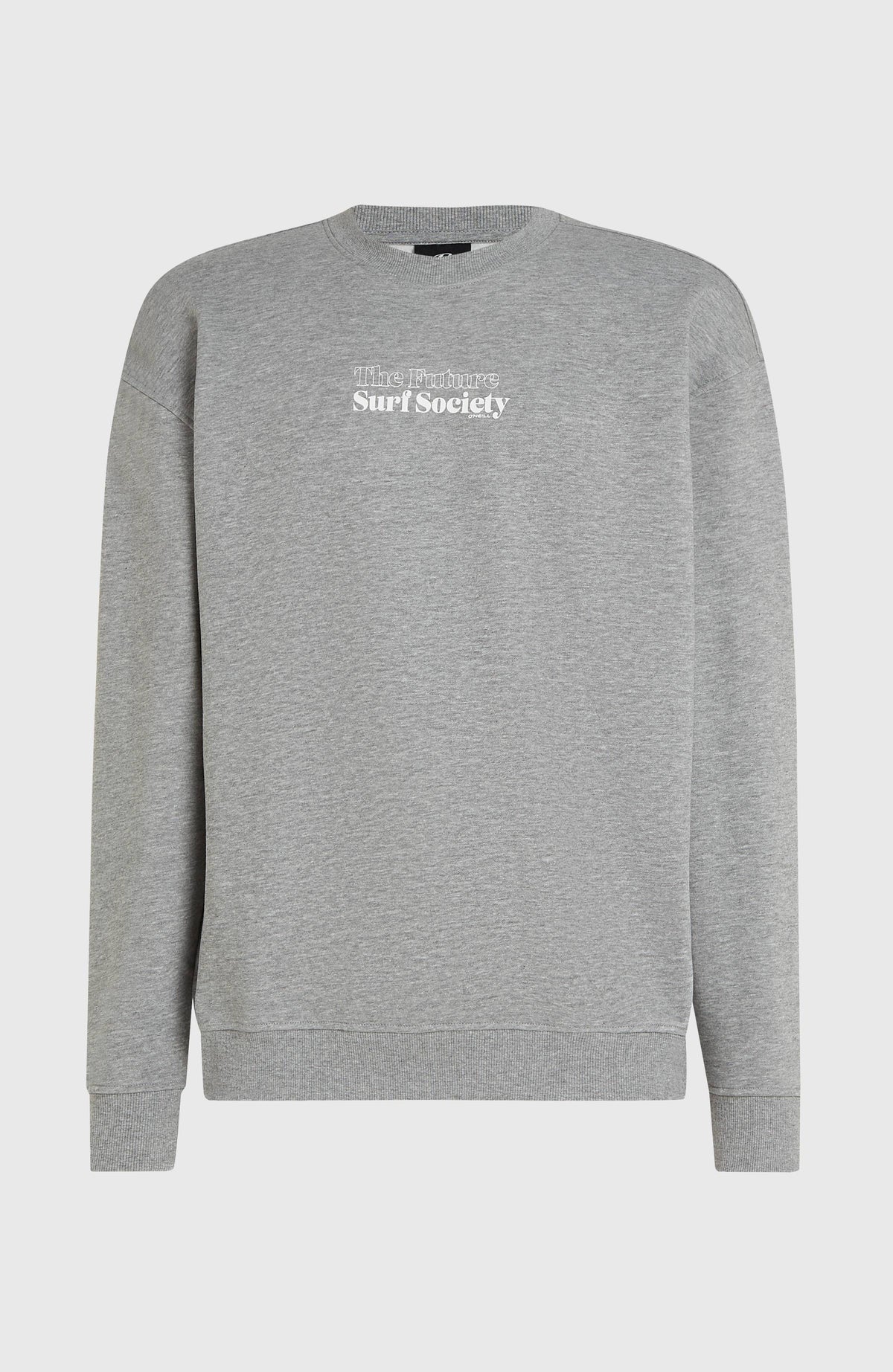 Future Surf Society Crew Sweatshirt für Herren, grau mit Logo-Print in Weiß, freigestellt in Vorderansicht