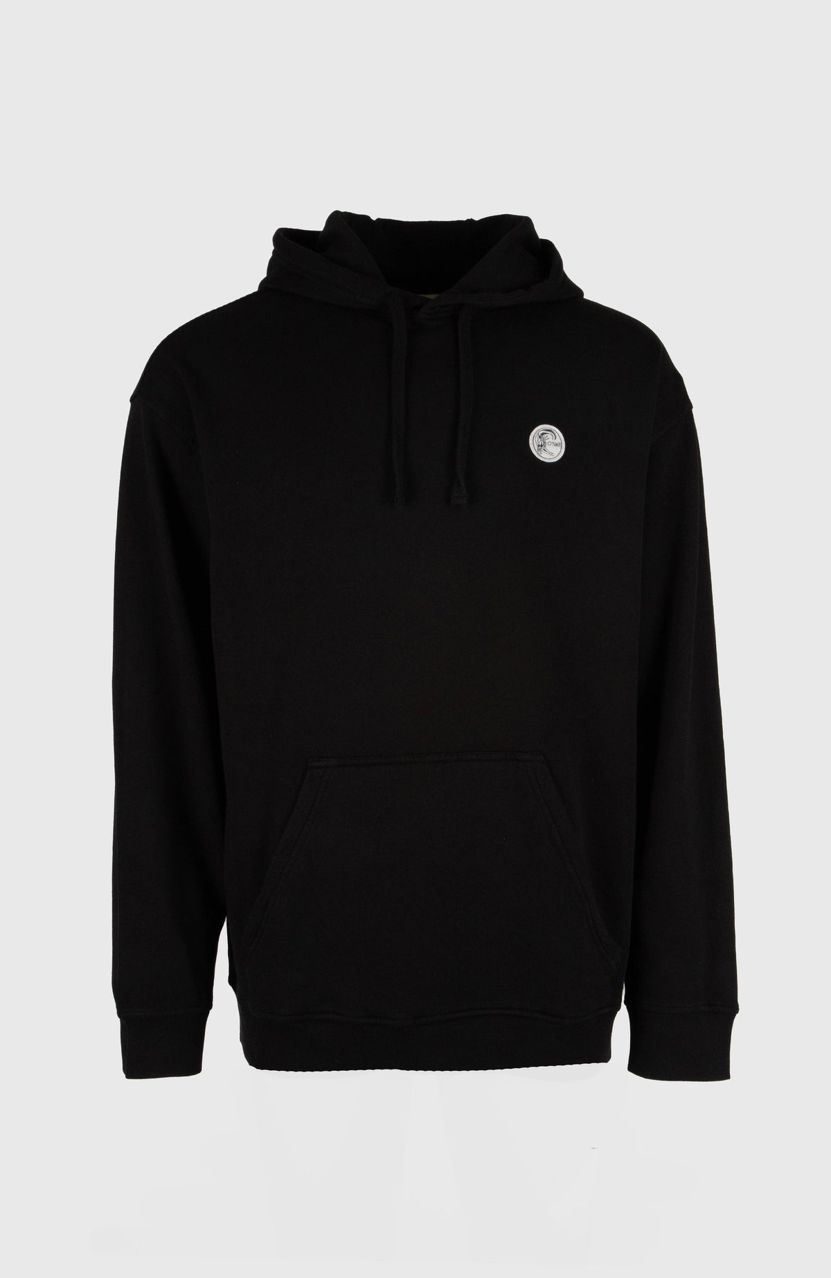 O'Riginals Hoodie für Herren, schwarz mit Grafik-Print in Weiß, freigestellt von vorne mit Kängurutasche