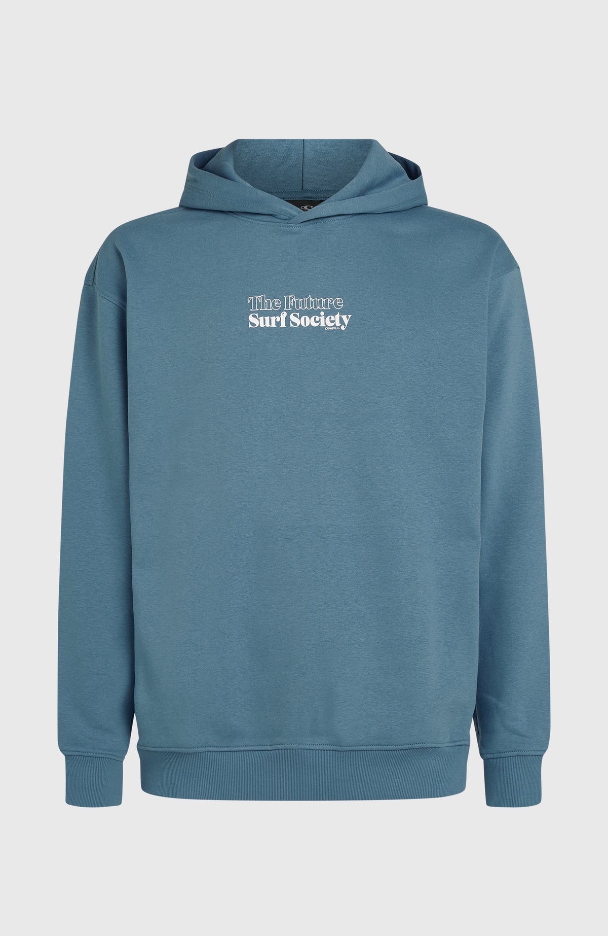 Future Surf Society Hoodie für Herren, blau mit Schriftzug-Print in Weiß, freigestellt von vorne
