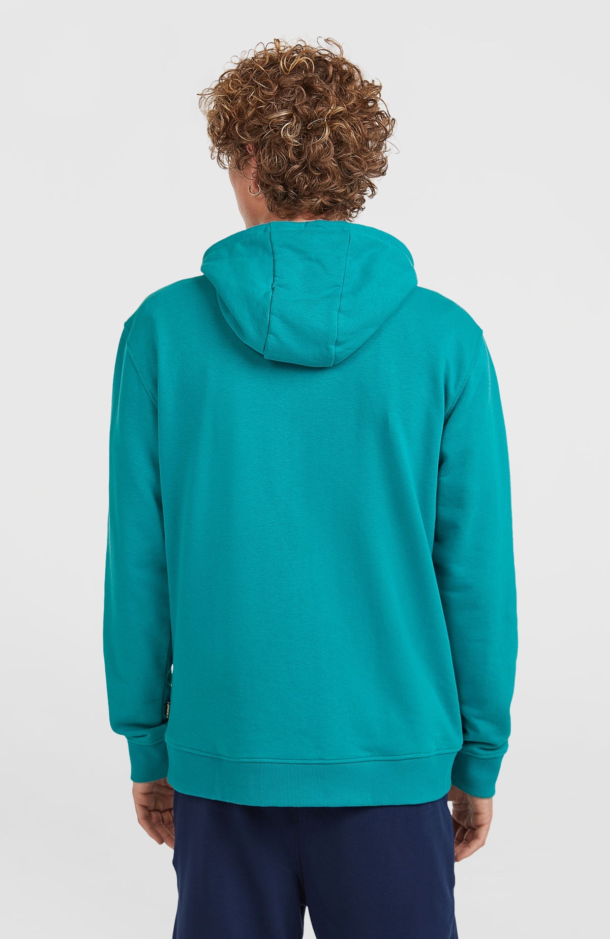 Graphic Hoodie für Herren, blau, Rückansicht am Model mit aufliegender Kapuze und geripptem Saumbund