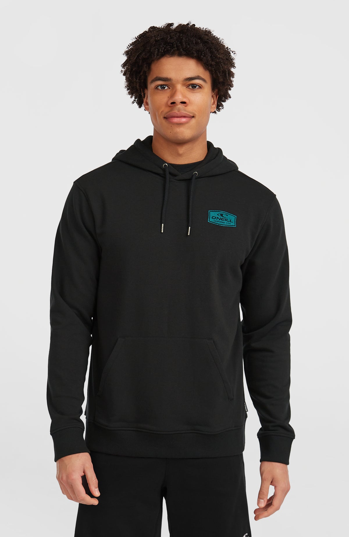 O'Neill Graphic Hoodie für Herren, schwarz mit Logo-Print in Türkis, Vorderansicht am Model