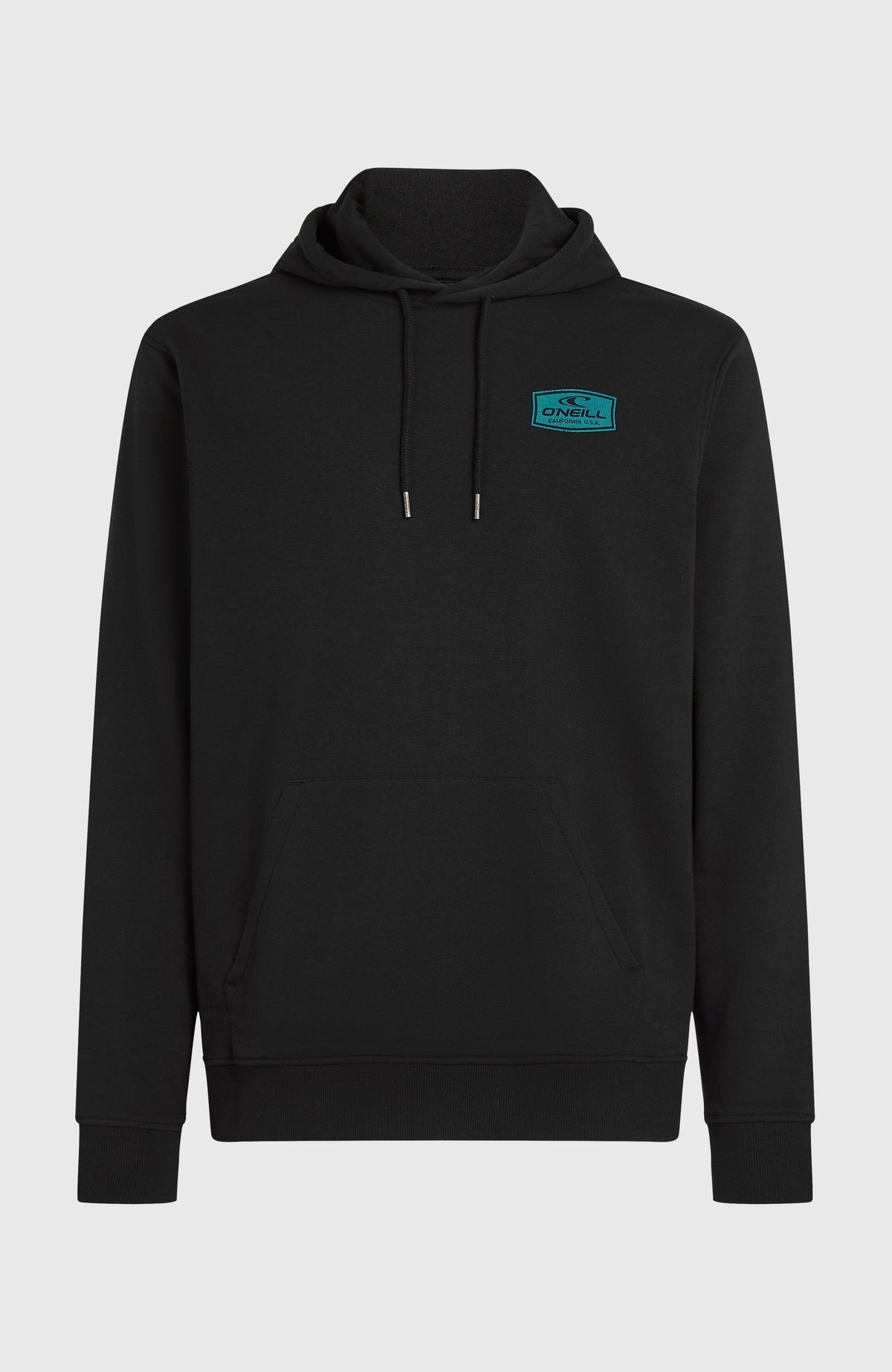 Graphic Hoodie für Herren, schwarz mit Logo-Print in Türkis, freigestellt von vorne