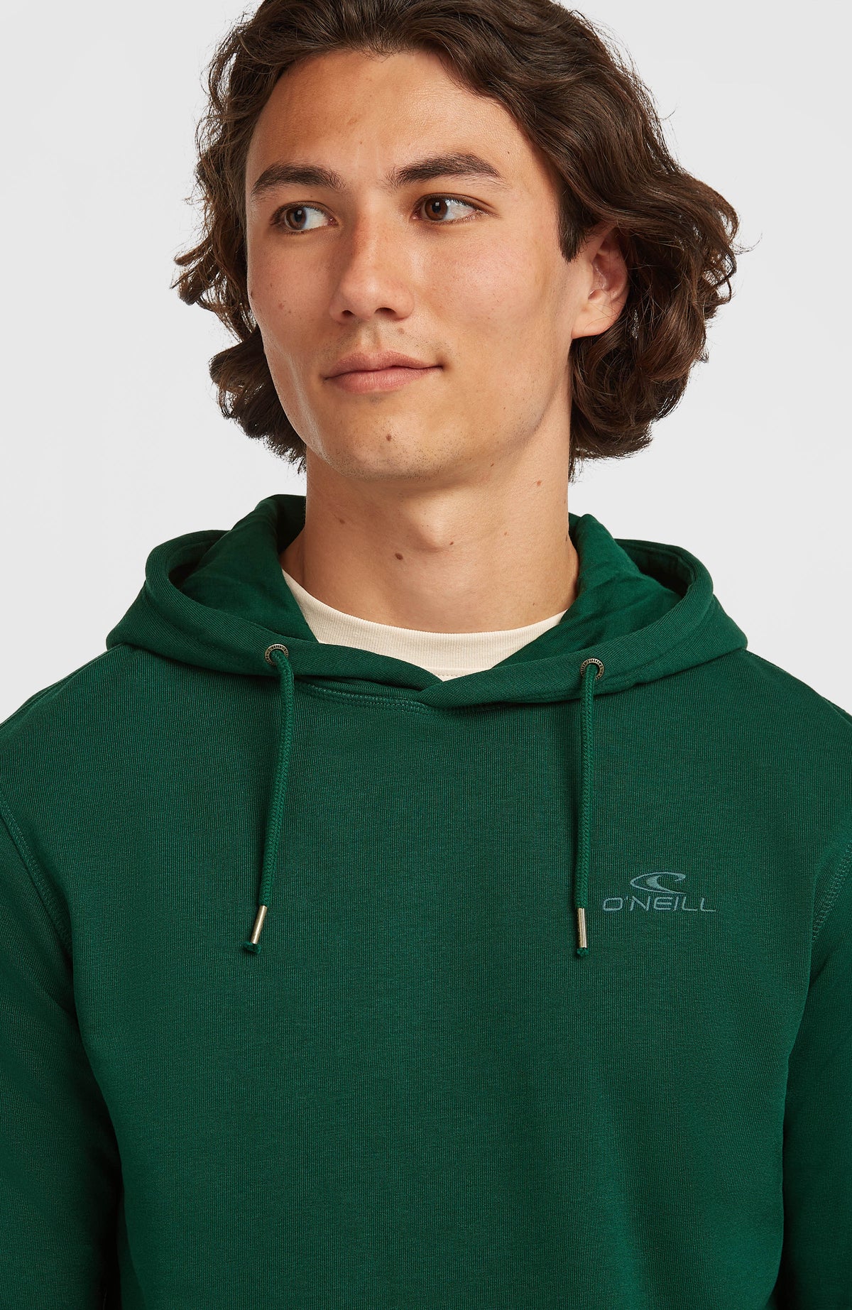 Small Logo Hoodie für Herren, grün, Nahaufnahme von Kapuze, Kordelzug und Logo-Stickerei