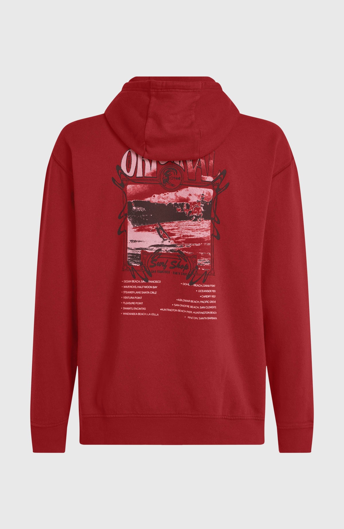 O'Riginals Hoodie für Herren, rot, freigestellt von hinten mit großem Grafik-Print und Rippbündchen