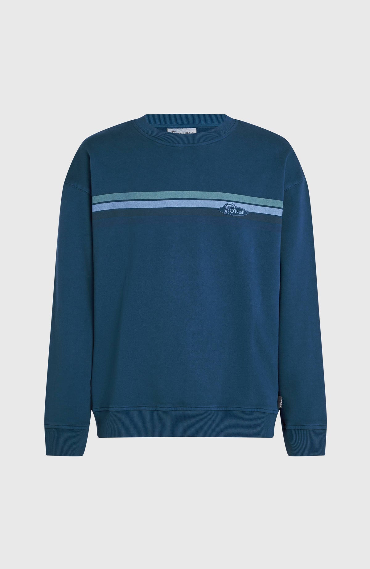 O'Riginals Crew Sweatshirt für Herren, blau mit Streifenmuster in Hellblau und Türkis, freigestellt von vorne
