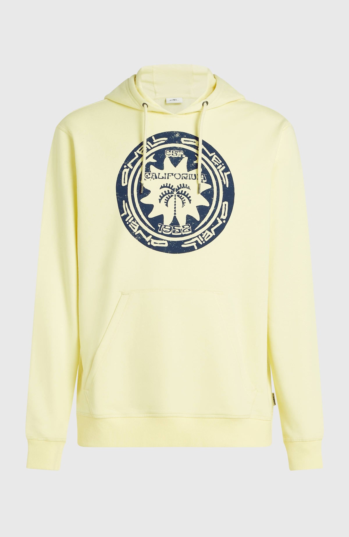 Must-Have Graphic Hoodie, gelb mit Grafik-Print in Dunkelblau, freigestellt von vorne mit Kängurutasche