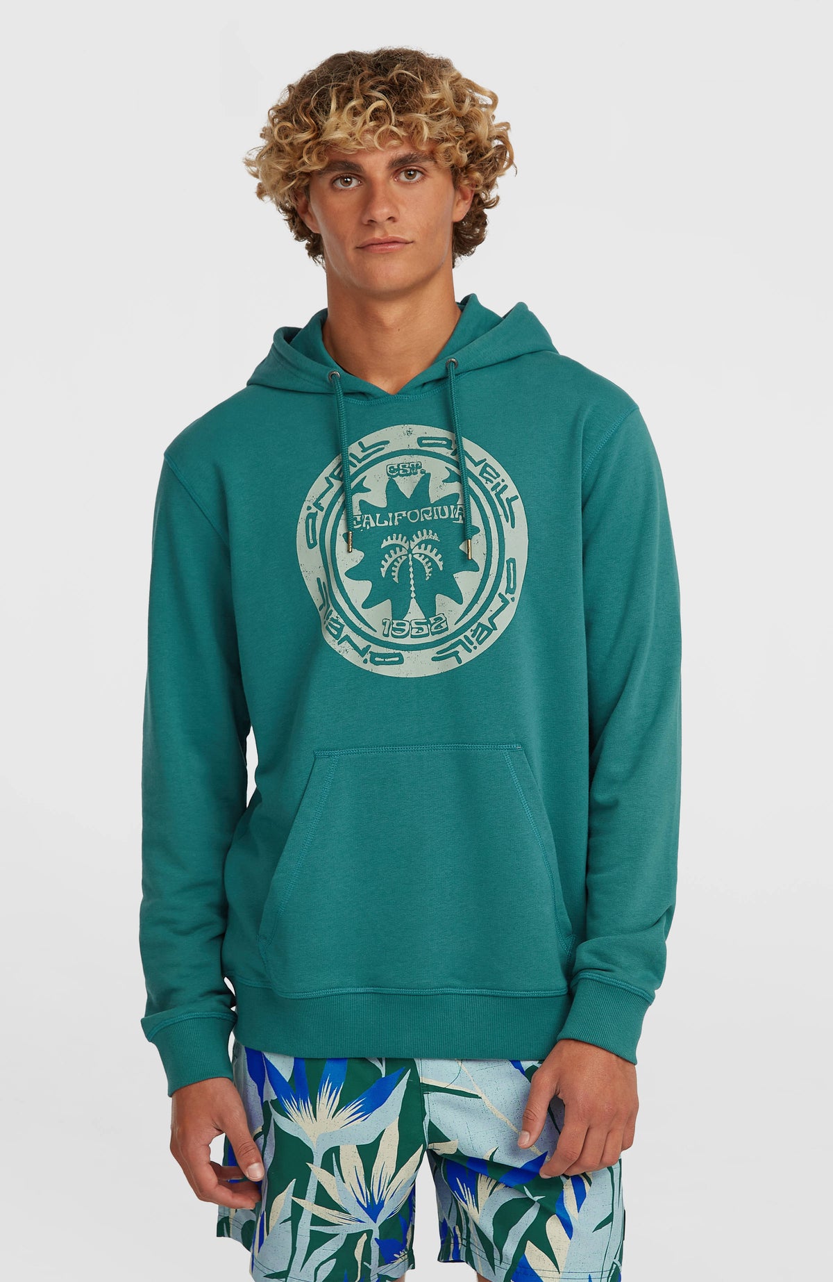 O'Neill Must-Have Graphic Hoodie für Herren, grün mit Logo-Print in Hellgrün, Vorderansicht am Model