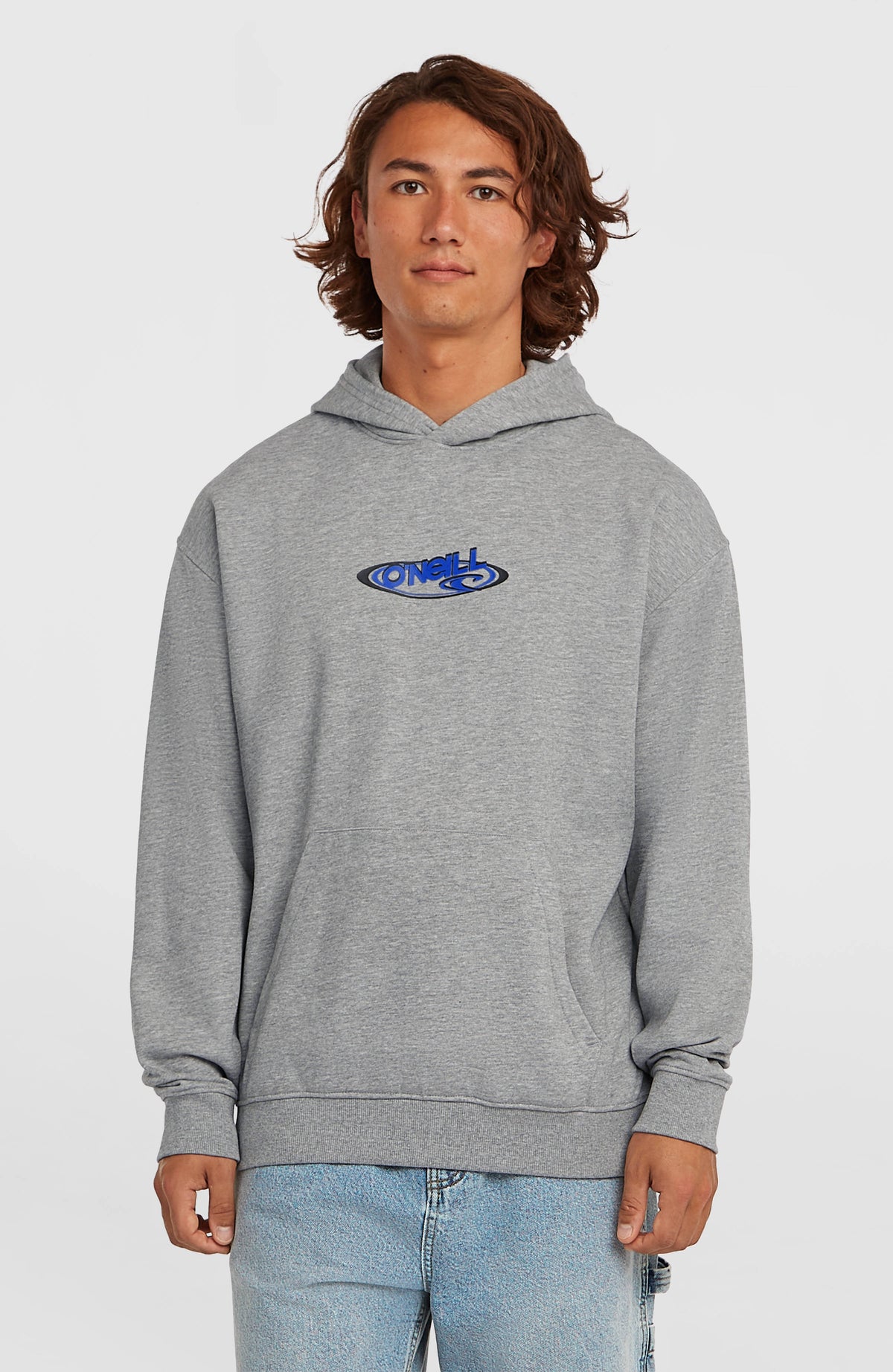O'Neill Essentials 90s Logo Hoodie für Herren, grau mit Logo-Print in Blau und Schwarz, Vorderansicht am Model