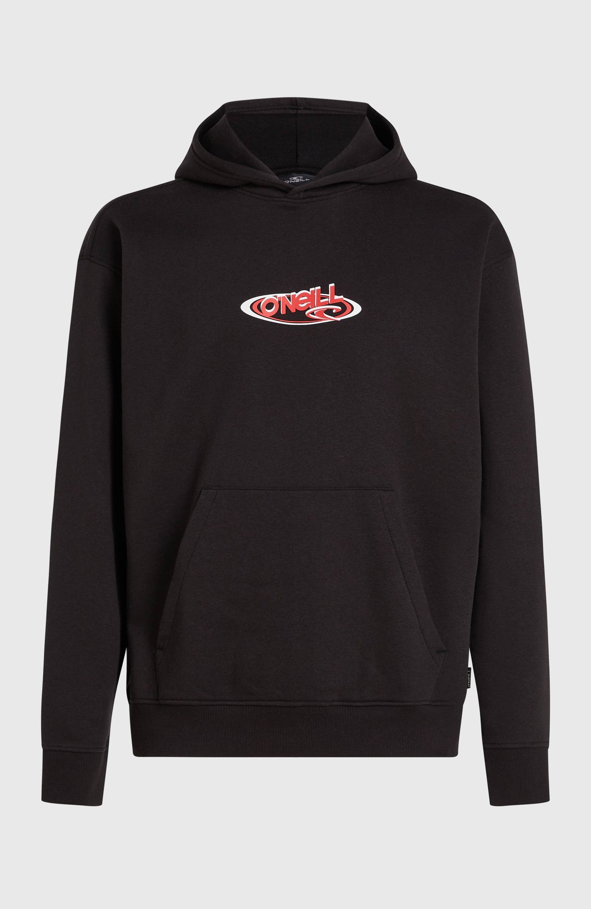 Essentials 90s Logo Hoodie für Herren in Schwarz mit Logo-Print in Rot und Weiß, freigestellt von vorne
