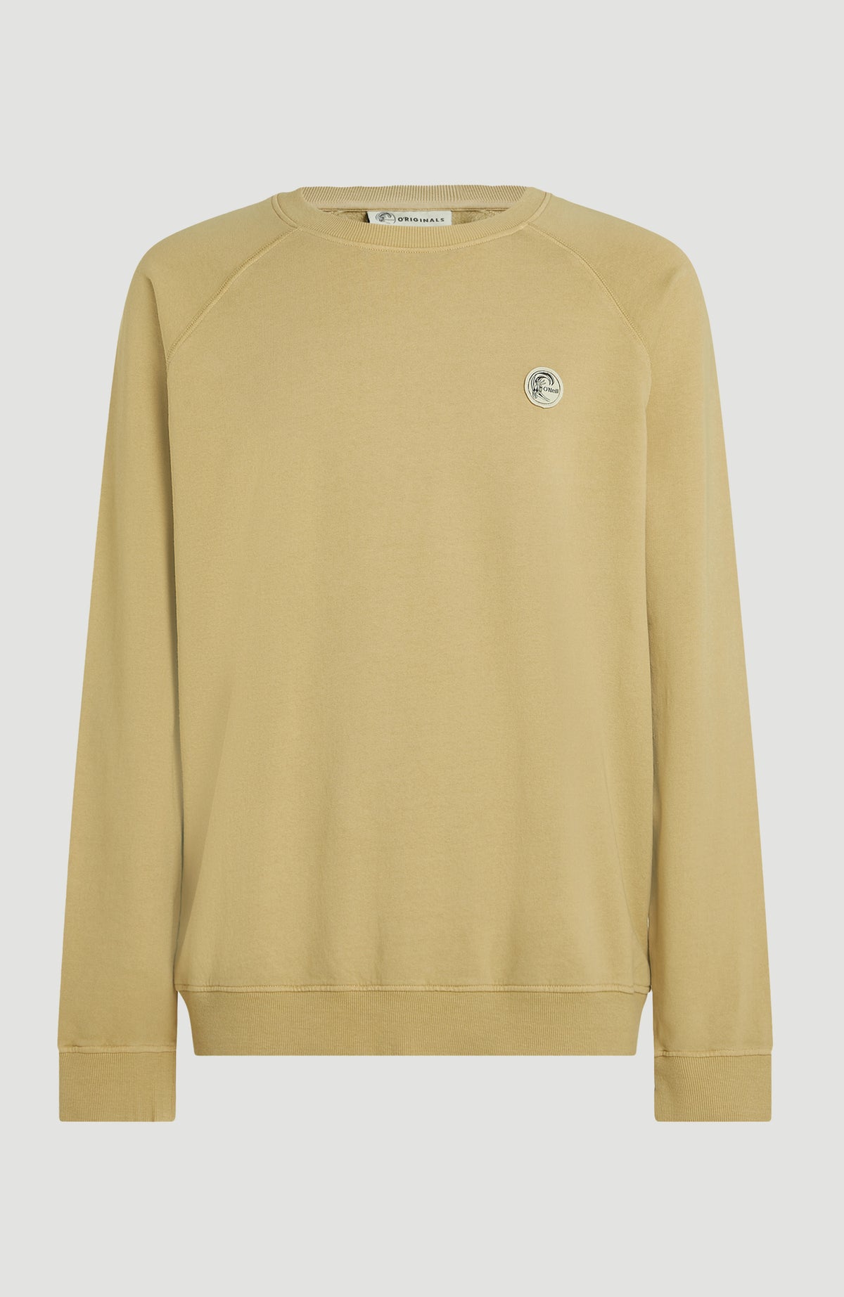 Beiges O'Riginals Badge Crew Sweatshirt, freigestellt von vorne mit Rippstrickbündchen und Logo-Badge