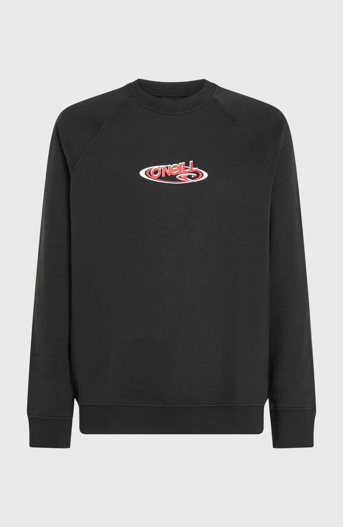 Essentials 90s Logo Crew Sweatshirt, schwarz mit Logo-Print in Rot und Weiß, freigestellt von vorne