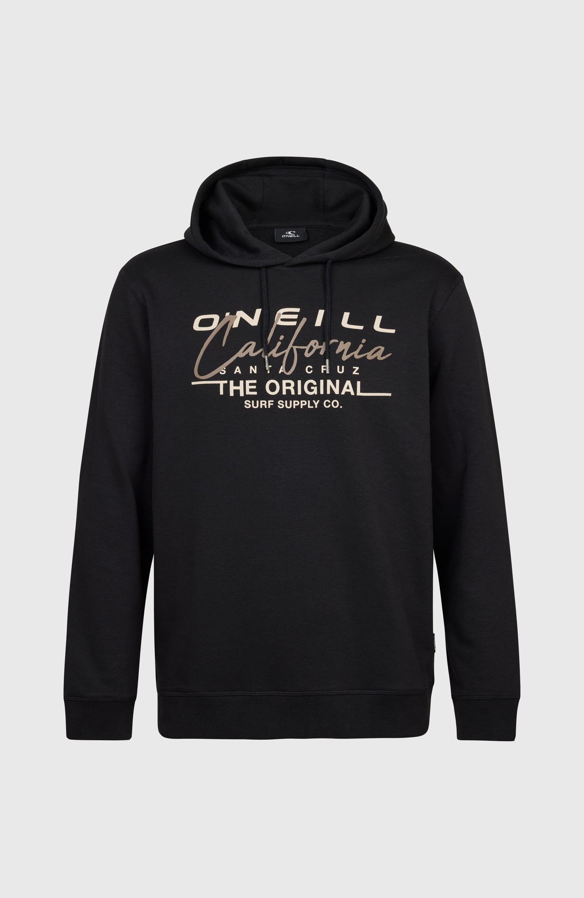 O'Neill California Graphic Hoodie für Herren, schwarz mit Logo-Print in Beige und Braun, freigestellt von vorne