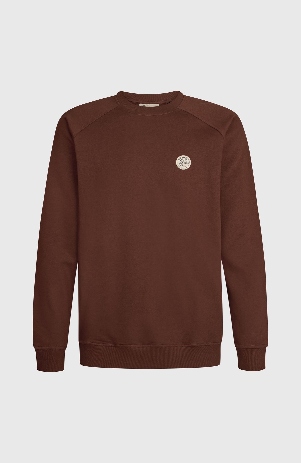 O'Neill O'RIGINALS CREW Sweatshirt für Herren in Braun, freigestellt von vorne, rundes Logo-Patch auf der Brust