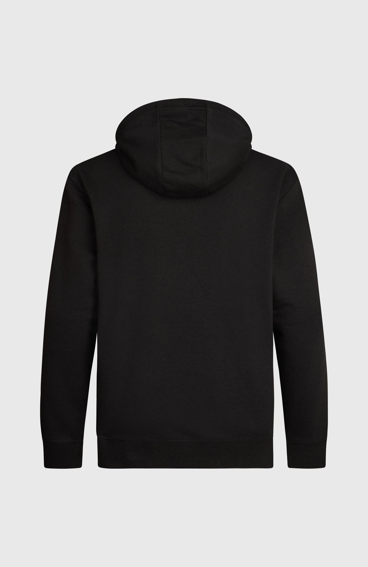 CALI HOODIE für Herren, schwarz mit Logo-Print in Weiß, freigestellt von hinten, schlichte Rückseite mit Kapuze