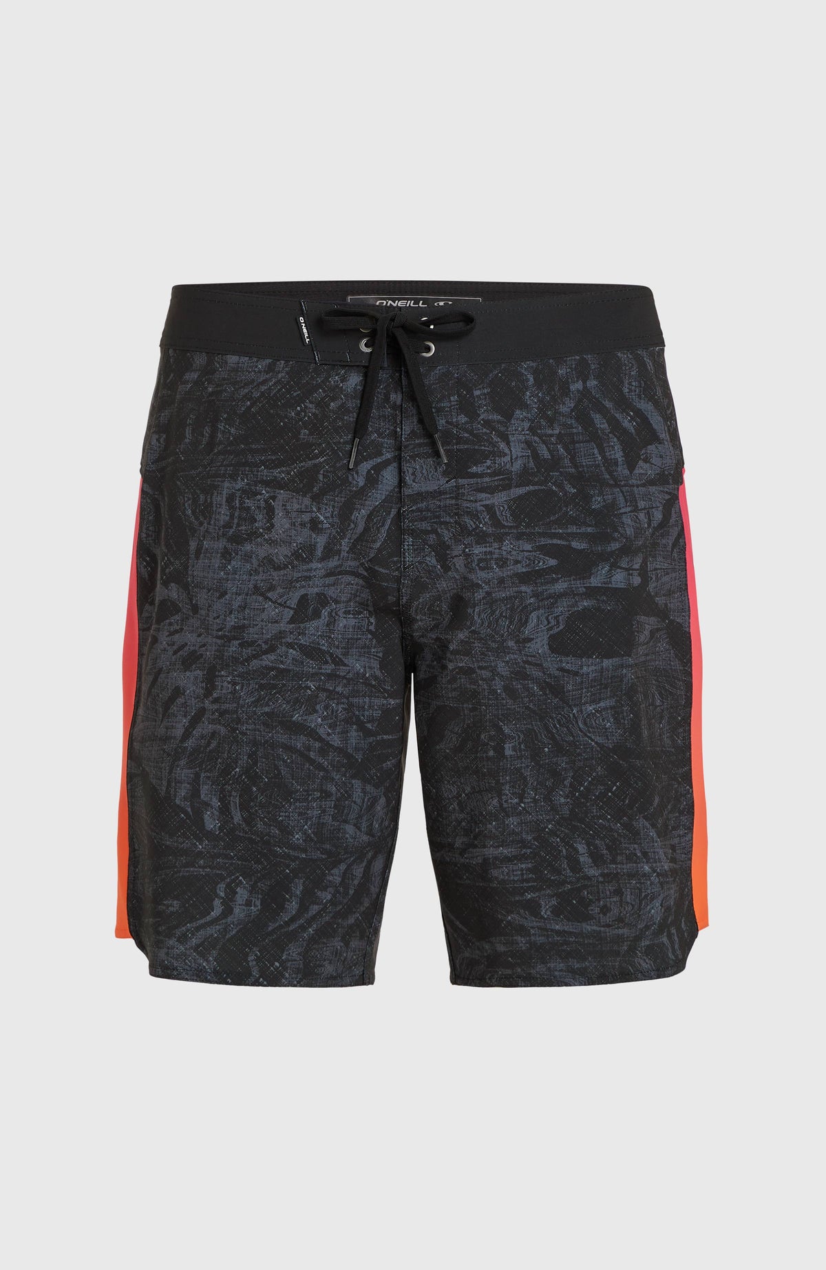 Hyperfreak Tech Panel 19'' Boardshorts für Herren, schwarz mit Farbverlauf in Pink und Orange, freigestellt von vorne
