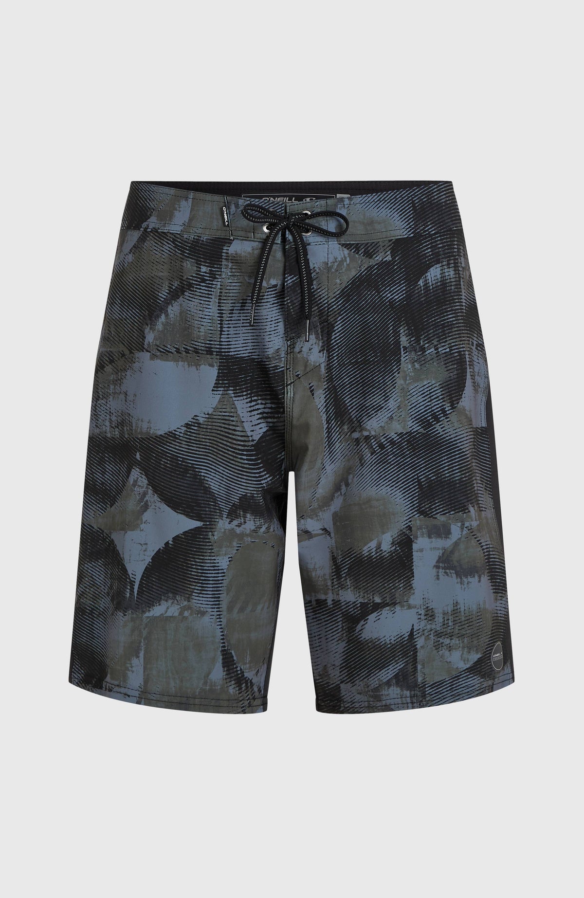 Tech Enduro 20'' Boardshorts für Herren, grün mit Grafikmuster in Schwarz, flach liegend von vorne mit Kordelzug