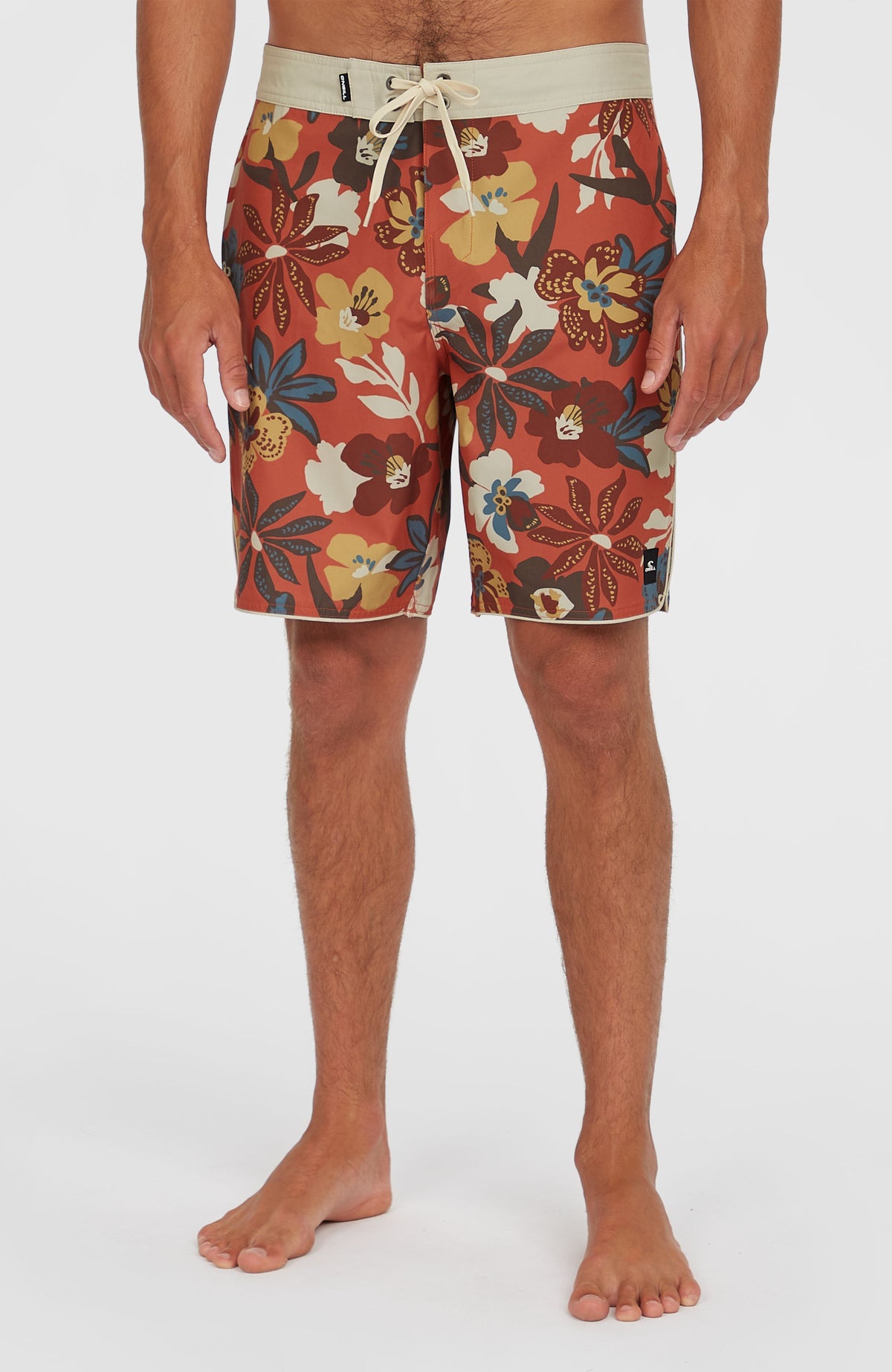 O'Neill Hyperfreak Mysto Scallop 19'' Boardshorts für Herren, orange mit Blumenmuster in Gelb und Blau, Vorderansicht