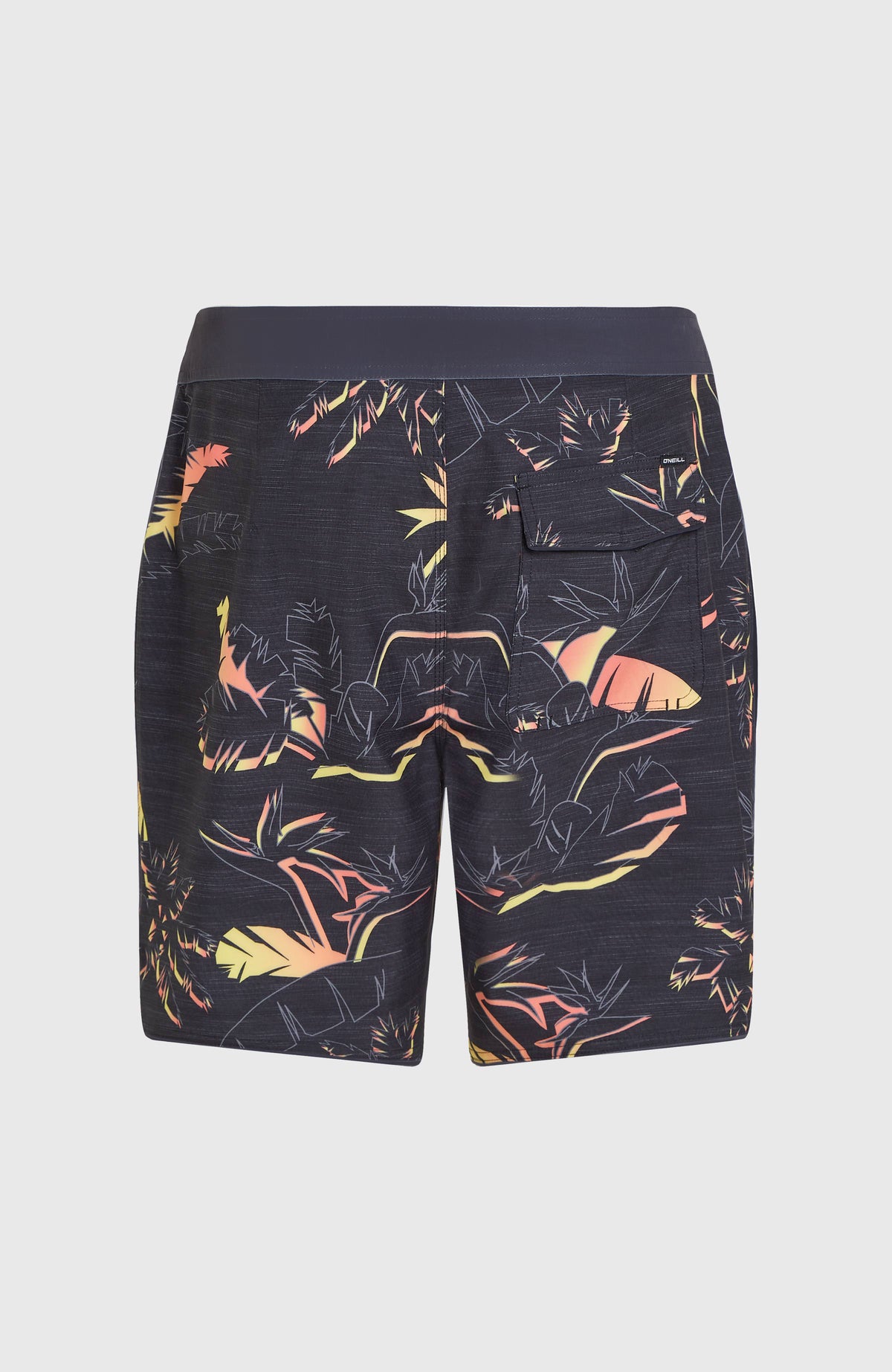 Hyperfreak Mysto Boardshorts, schwarz mit Palmenmuster in Orange und Gelb, flach liegend von hinten mit Gesäßtasche